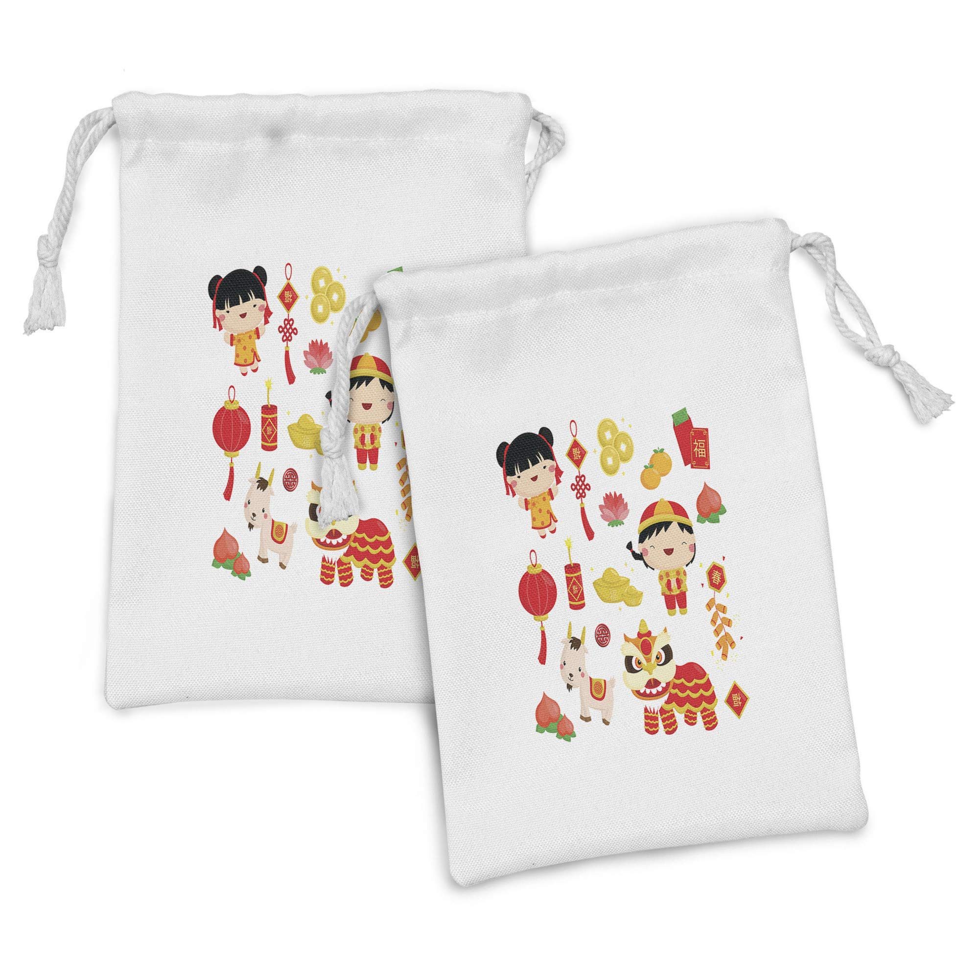 Ambesonne Chinese New Year Fabric Pouch Set of 2 - Joyful Holiday Themed Drawstring Bags with Animals & Cultural Elements (9