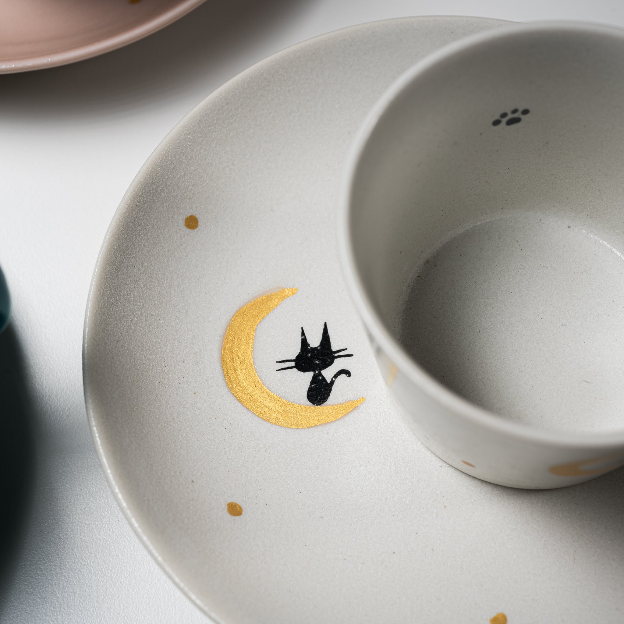 Moon and Cat Themed Cup and Saucer Set - 3 Colors (Crescent Moon Kitty Design) - Perfect for Tea Time, Coffee Breaks, and Gift Giving