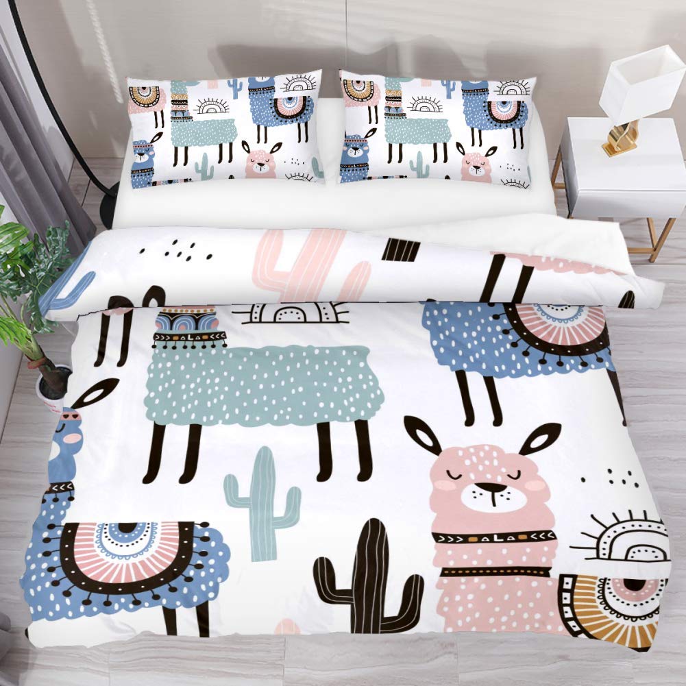 AISSO 3-Piece Washed Cotton Duvet Cover Set - Soft Llama & Cactus Print Bedding for Extra Long Twin Size with 2 Pillowcases | Cozy & Breathable for Kids' Room, Guest Bedroom or Dorm Decor