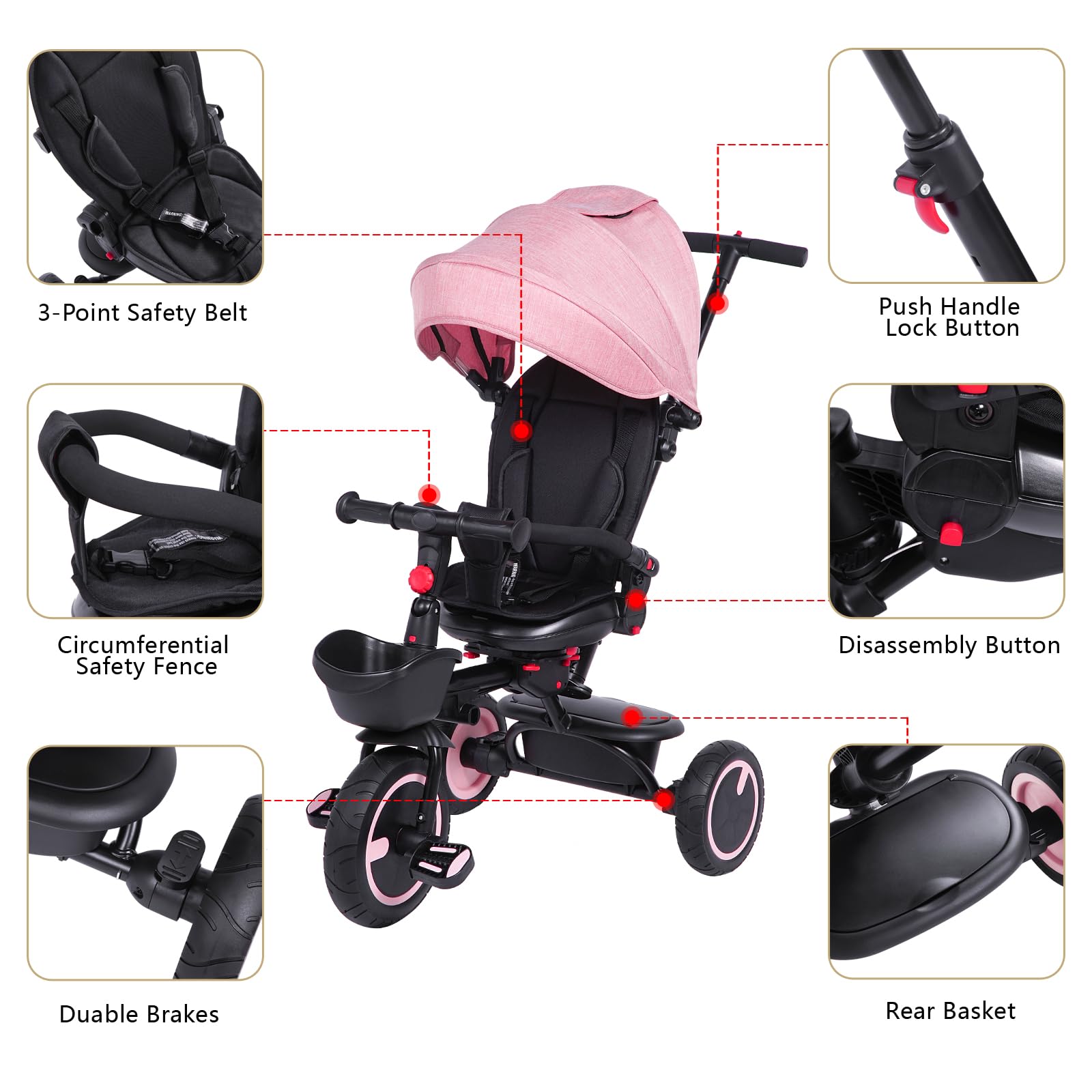 8-in-1 Toddler Tricycle with Push Handle & Rotatable Seat - Safe Baby Bike with Canopy, Safety Harness & Dual Brakes for Kids 7 Months to 5 Years - Perfect Pink Push Bike Gift for Birthdays, Parks & Outdoor Play