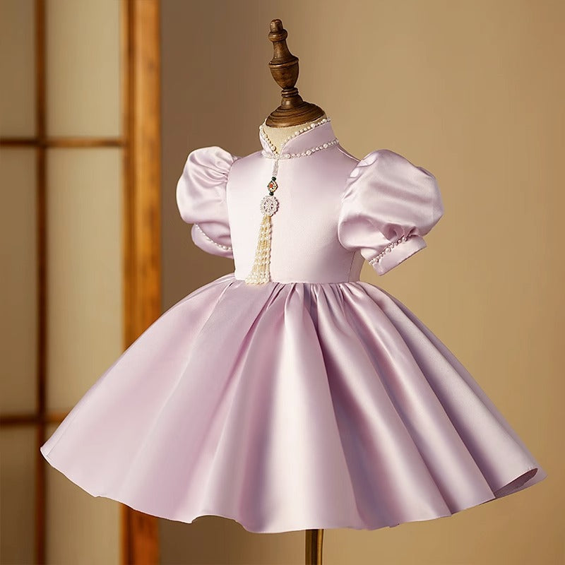 Elegant Baby Girls Lilac Puff Sleeve Pearl Stand Collar Princess Dress - Toddler Flower Girl Party Dress for Birthday, Wedding & Special Occasions