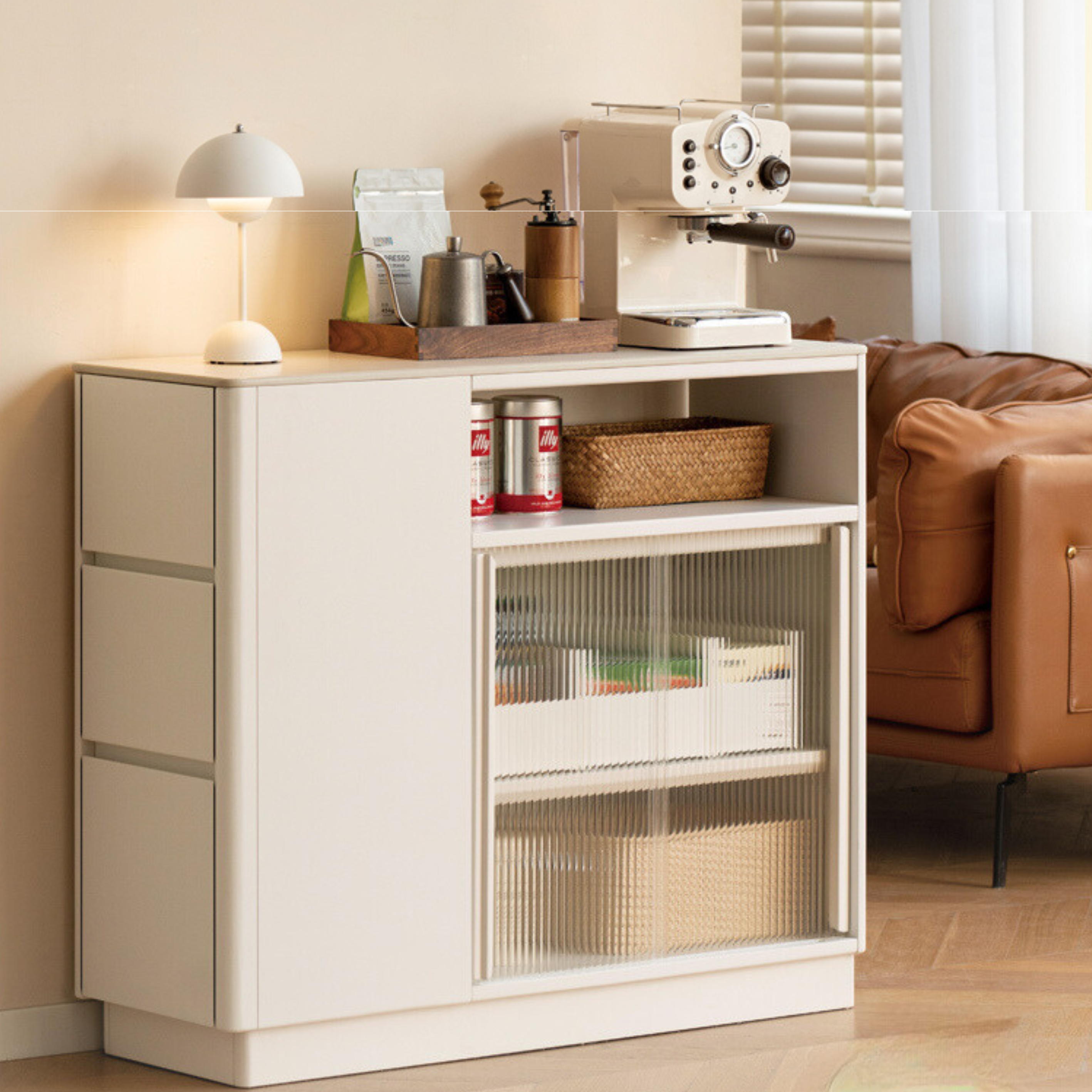 Solid Poplar Wood Dining Room Cabinet with Partition - White Cream Rock Board for Kitchen Storage & Home Organization