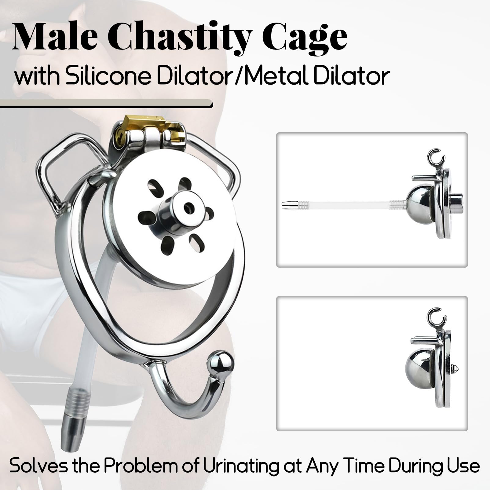 Metal Chastity Cage for Men with Dilator & Belt - Negative Flat Design, Portable Extreme SM Cock Bondage Sex Toy for Couples (50mm Arc Ring, 192+ Belt) - Perfect for BDSM Play, Couples Bondage & Role-Playing Scenes