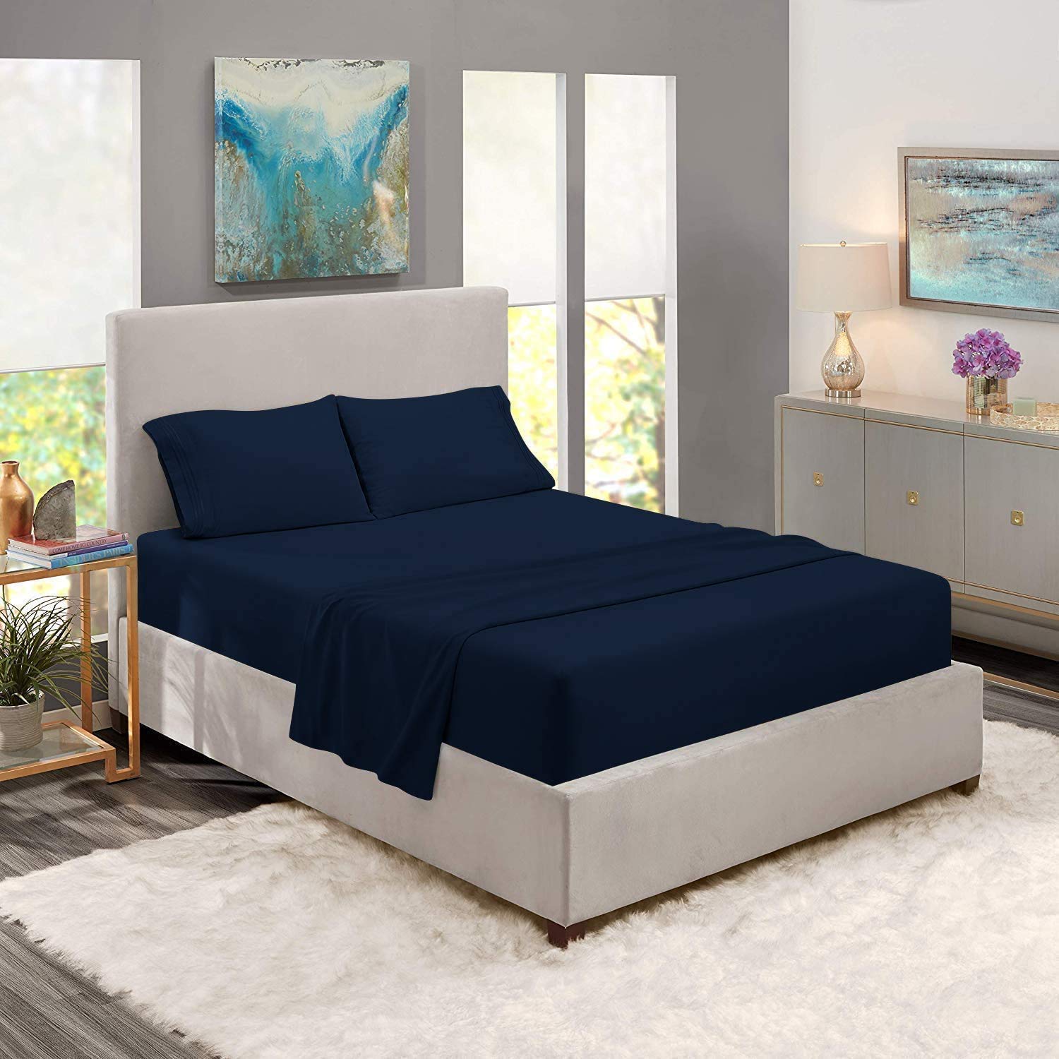 LuckySleep 100% Egyptian Cotton 700 Thread Count Full Size Fitted Sheet - Deep Pocket for 12 Inch Mattress, Navy Blue | Premium Soft Bedding for Hotels, Guest Rooms & Home Use