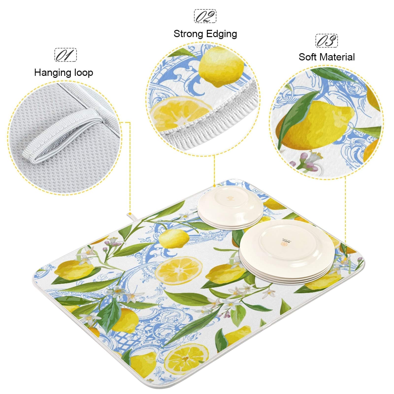 ALAZA Baroque Yellow Lemon Print Dish Drying Mat - Super Absorbent Microfiber Kitchen Countertop Pad (16x18 Inch) - Perfect for Drying Dishes, Fruits & Protecting Countertops
