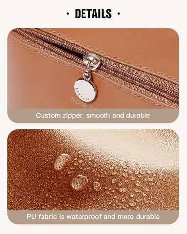 JRM Women’s Large Waterproof Leather Cosmetic Travel Bag - Spacious Makeup Organizer with Wide Opening, Dividers & Handle (Cross Open, Brown) | Perfect for Travel, Gym & Daily Makeup Storage