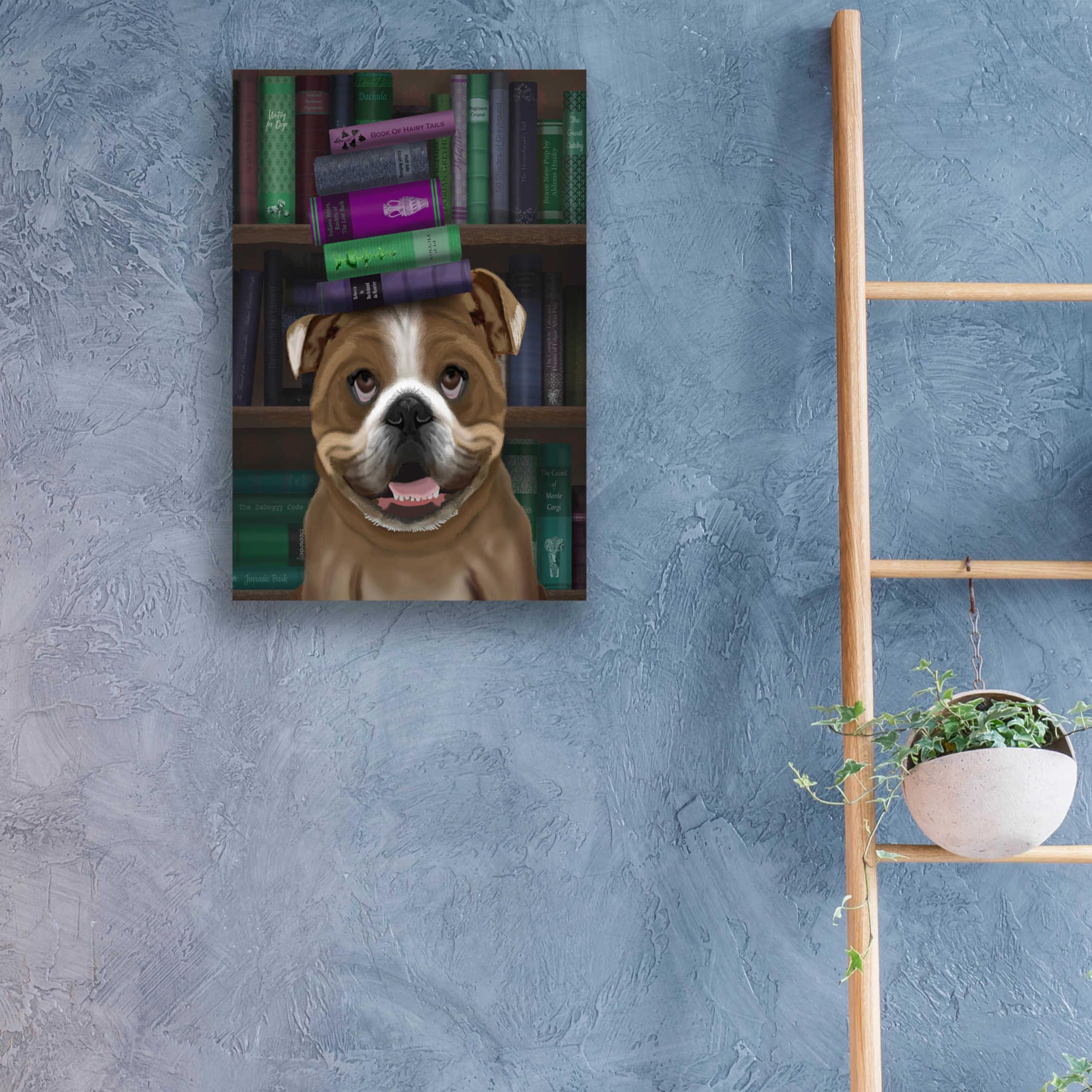 Fab Funky English Bulldog and Books Acrylic Glass Wall Art - 16x24 Inches, Modern Home Decor for Living Room, Office & Library - Vibrant Canvas Print for Dog Lovers & Book Enthusiasts