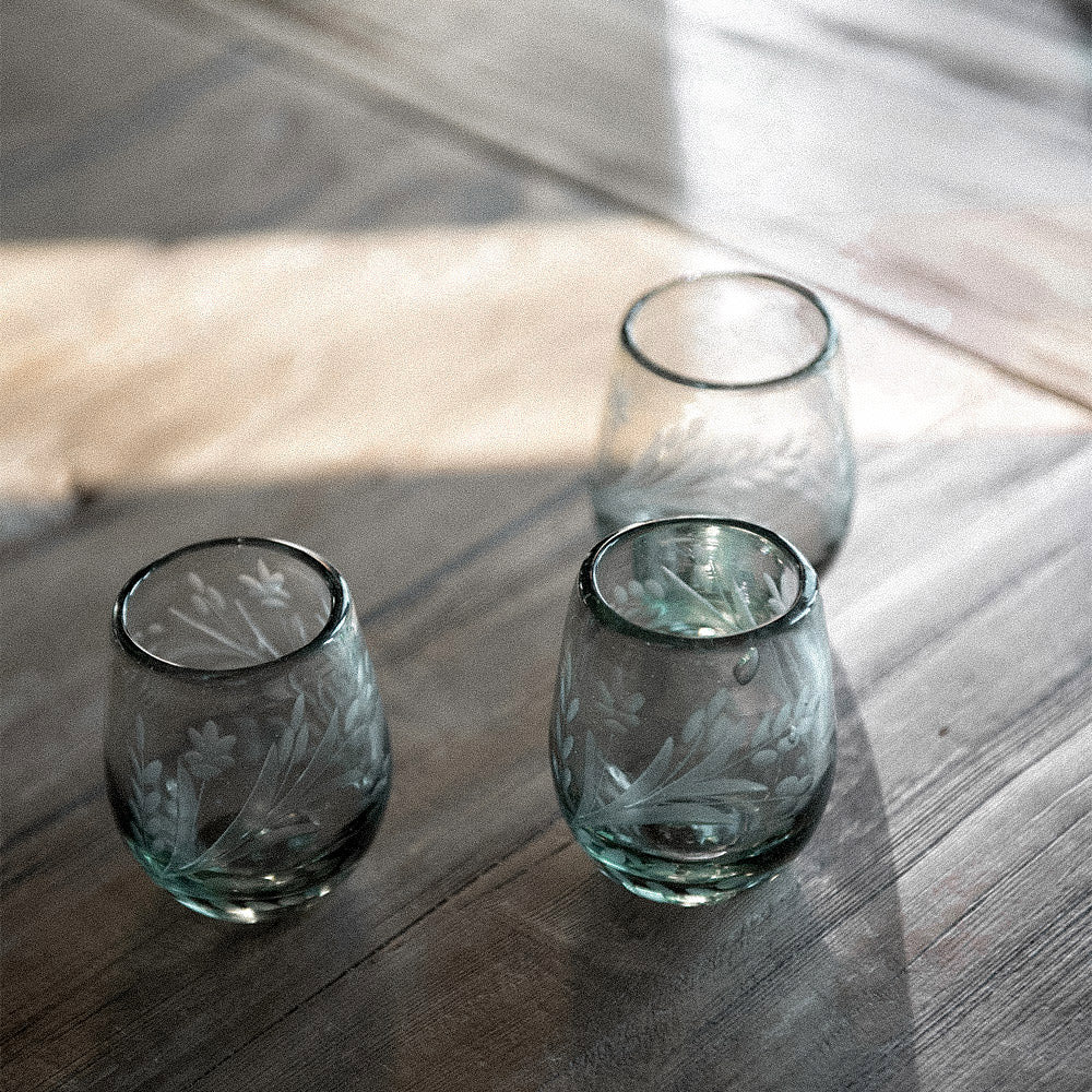 Hand-Etched Floral Recycled Glassware Set - Eco-Friendly Drinking Glasses for Cocktails, Wine & Juice - Perfect for Parties, Weddings & Home Decor