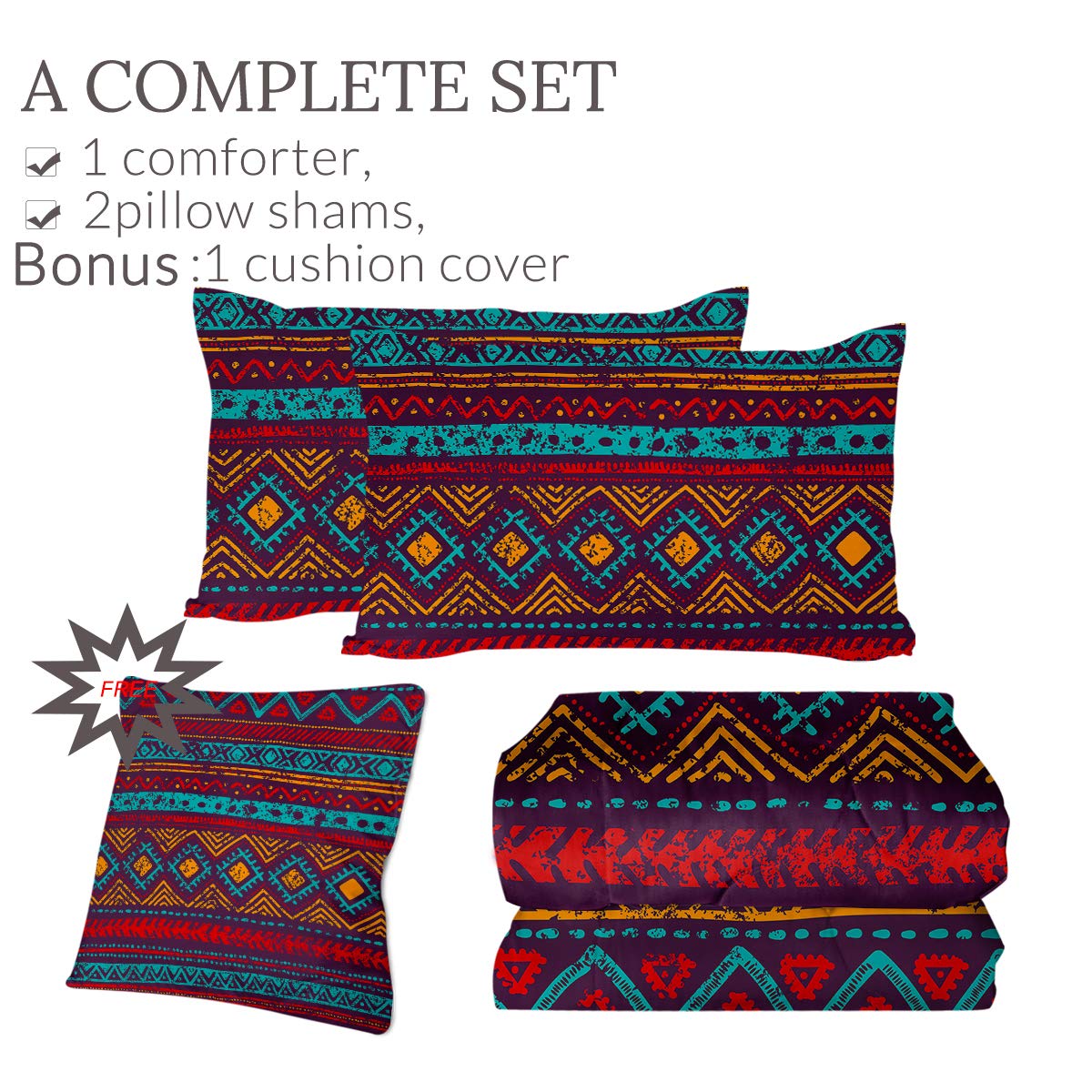 Sleepwish 3D Mosaic Printed Reversible Comforter Set - Full Size Tribal Ethnic Bedding Collection (4-Piece Set with 2 Pillow Shams & 1 Cushion Cover) for Bohemian Bedroom Decor & Guest Room Styling