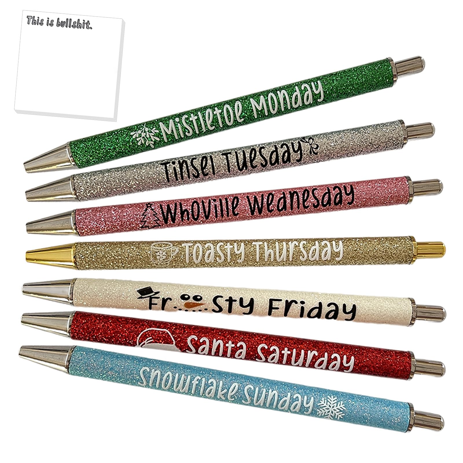 7-Piece Colored Glitter Pen Set for Halloween & Christmas - Funny Sarcastic Ballpoint Pens with Sticky Notes - Perfect for Journaling, Gift Giving & Office Use (Christmas Collection)