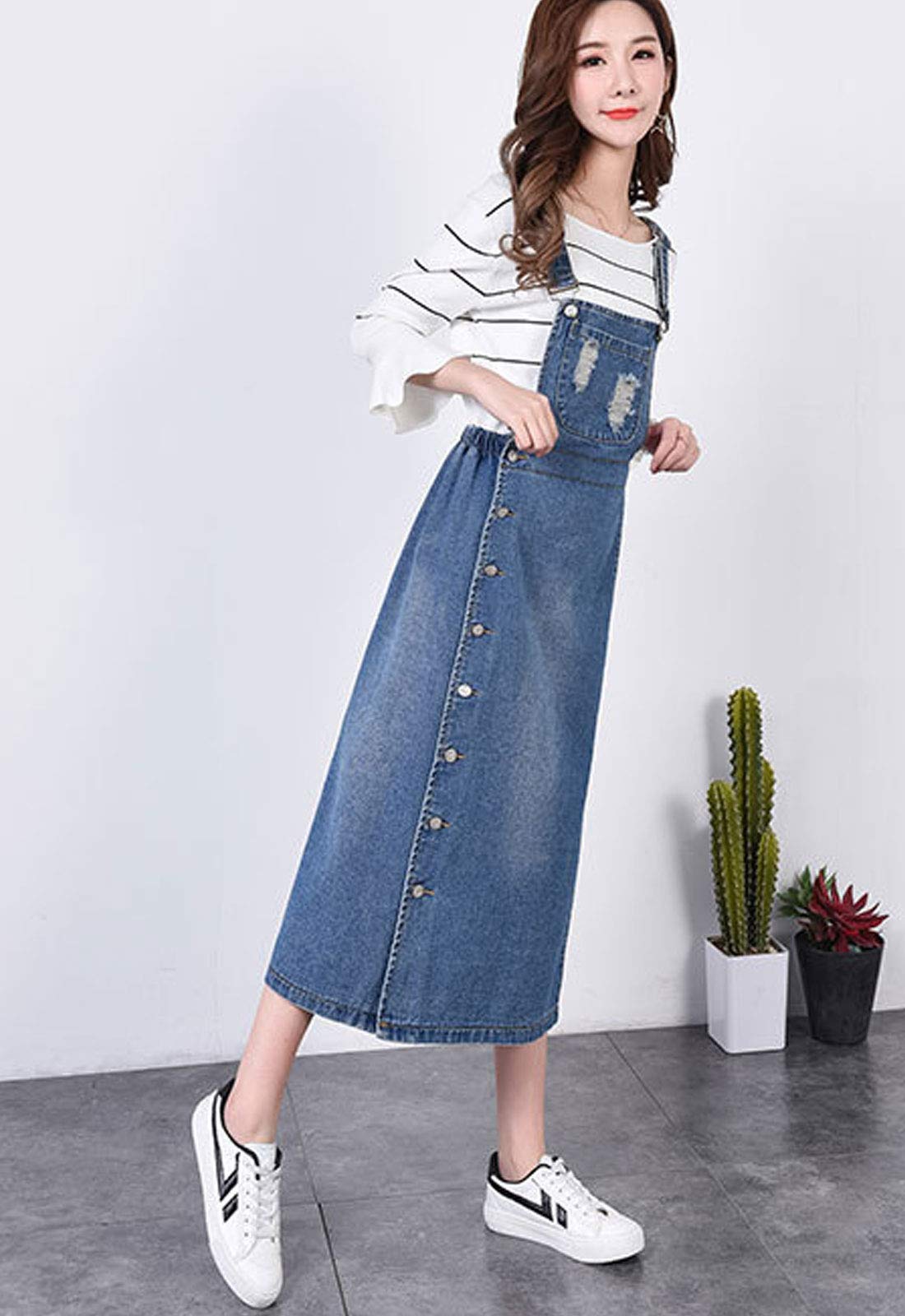 Flygo Women's Denim Overalls - Button Front Long Midi Pinafore Dress with Skirt for Casual Outings, Date Nights & Spring Fashion