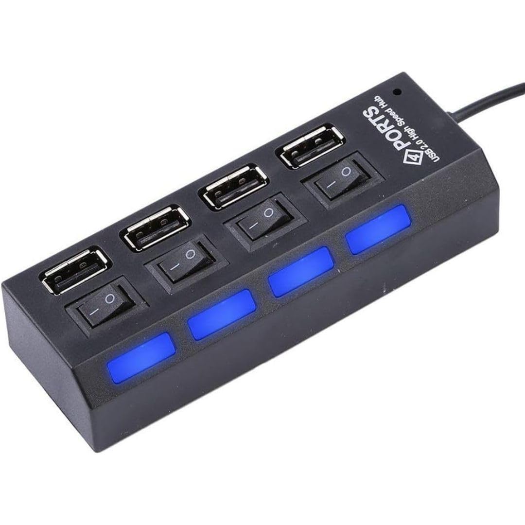4-Port USB 2.0 Hub with LED Indicators & Power Switches - Portable USB Splitter Adapter for Laptop, PC, Mac, Gaming & Office Use - High-Speed Data Transfer & Multi-Device Charging Station