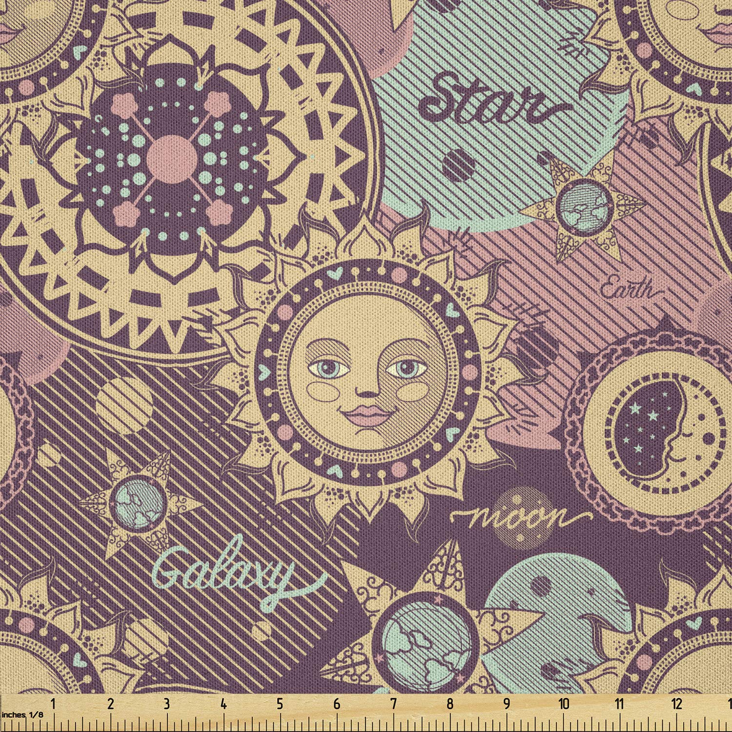 Lunarable Sun and Moon Fabric by The Yard - Fantasy Cartoon Space Galaxy Print Microfiber Fabric for DIY Crafts, Quilting & Home Decor (10 Yards, Purple Yellow) - Perfect for Pillow Covers, Tote Bags & Wall Hangings