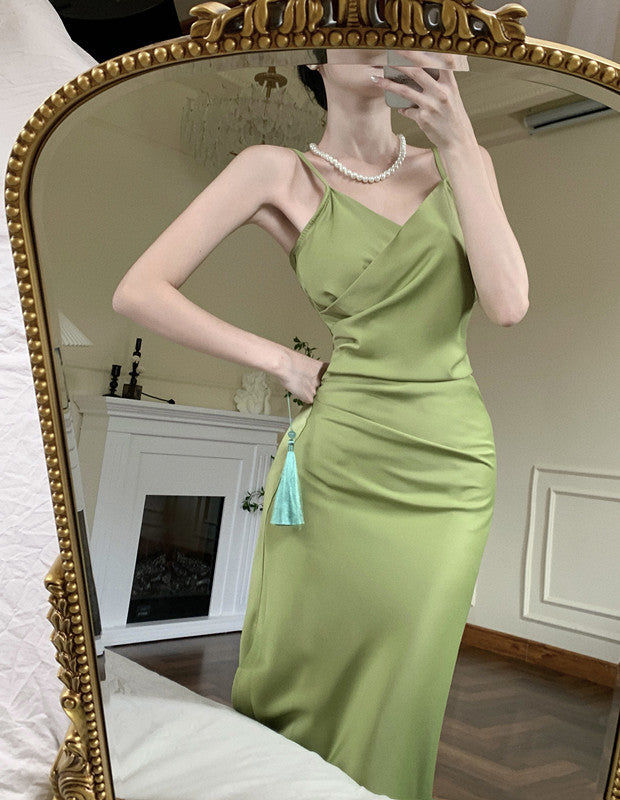 Elegant Green Satin Summer Dress - Slim Fit V Neck Spaghetti Strap Evening Gown for Women | Perfect for Cocktail Parties, Date Nights & Special Occasions