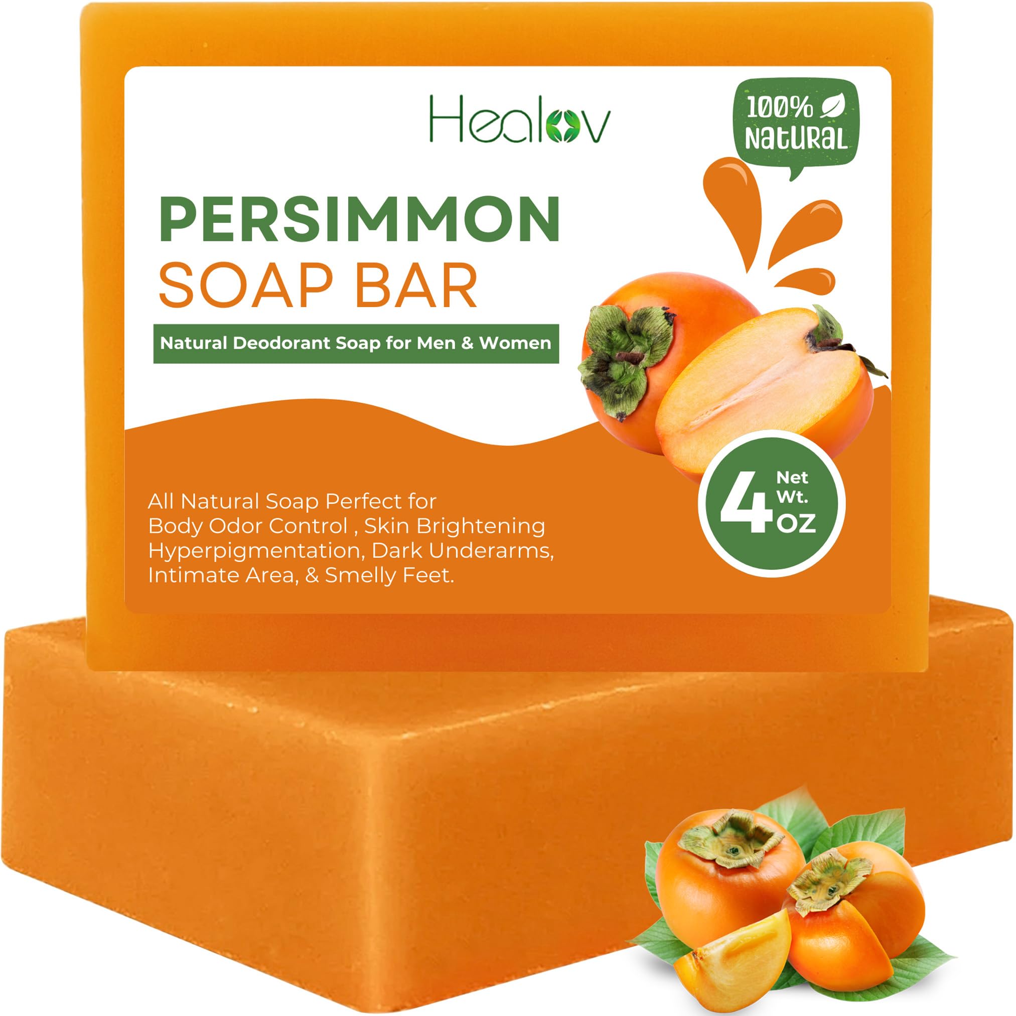 Natural Persimmon Soap Bar for Body Odor Control - Purifying Deodorizing Face & Body Wash for Men & Women - Skin Brightening & Hyperpigmentation Treatment - Ideal for Gym, Travel & Daily Hygiene
