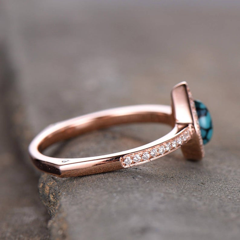 14K/18K/Silver Rose Gold Pear Shaped 4*6mm Turquoise Diamond Halo Engagement Ring for Women - Perfect for Proposals, Anniversaries & Special Occasions