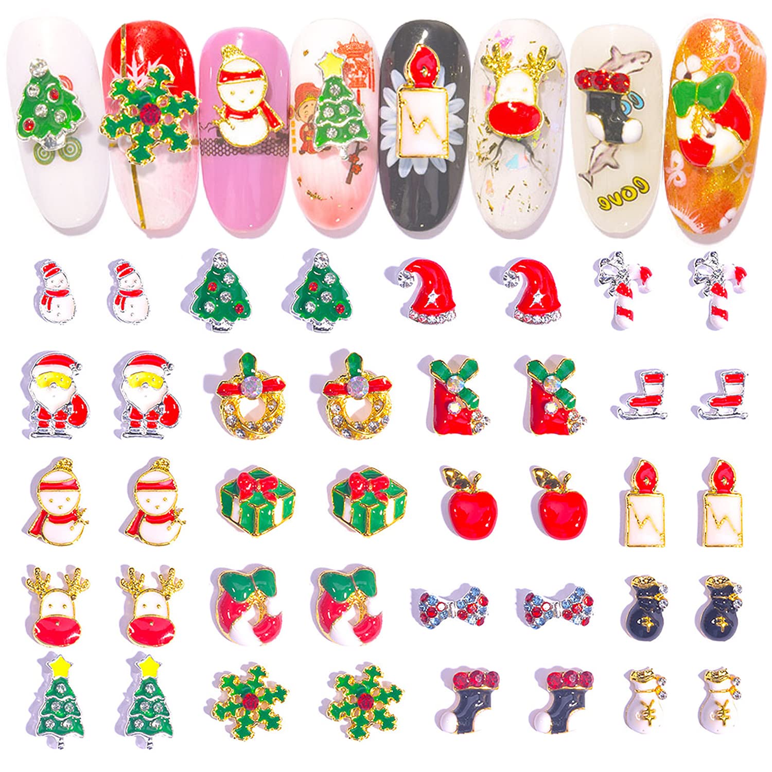 WOKOTO 40pcs Christmas Nail Charms - 3D Nail Art Decorations for Acrylic Nails, Christmas Tree, Socks, Candy Canes, Rhinestones & Nail Gems - Perfect for Holiday Manicures, Party Nail Art & Festive DIY Nail Designs