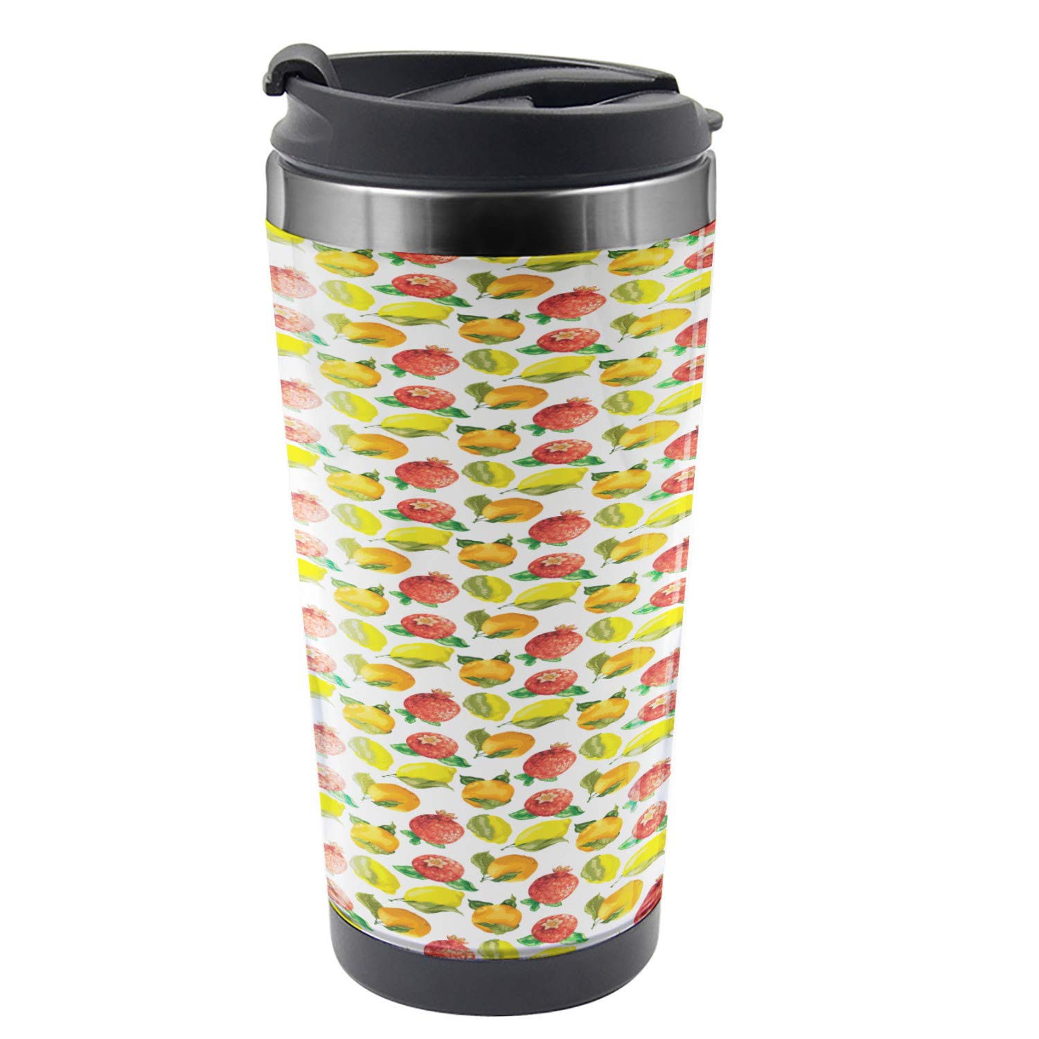 Ambesonne 16 oz Stainless Steel Travel Mug with Watercolor Citrus Pomegranate Design - Insulated Thermal Coffee Cup for Hot & Cold Drinks - Perfect for Commuting, Office, Hiking & Outdoor Activities