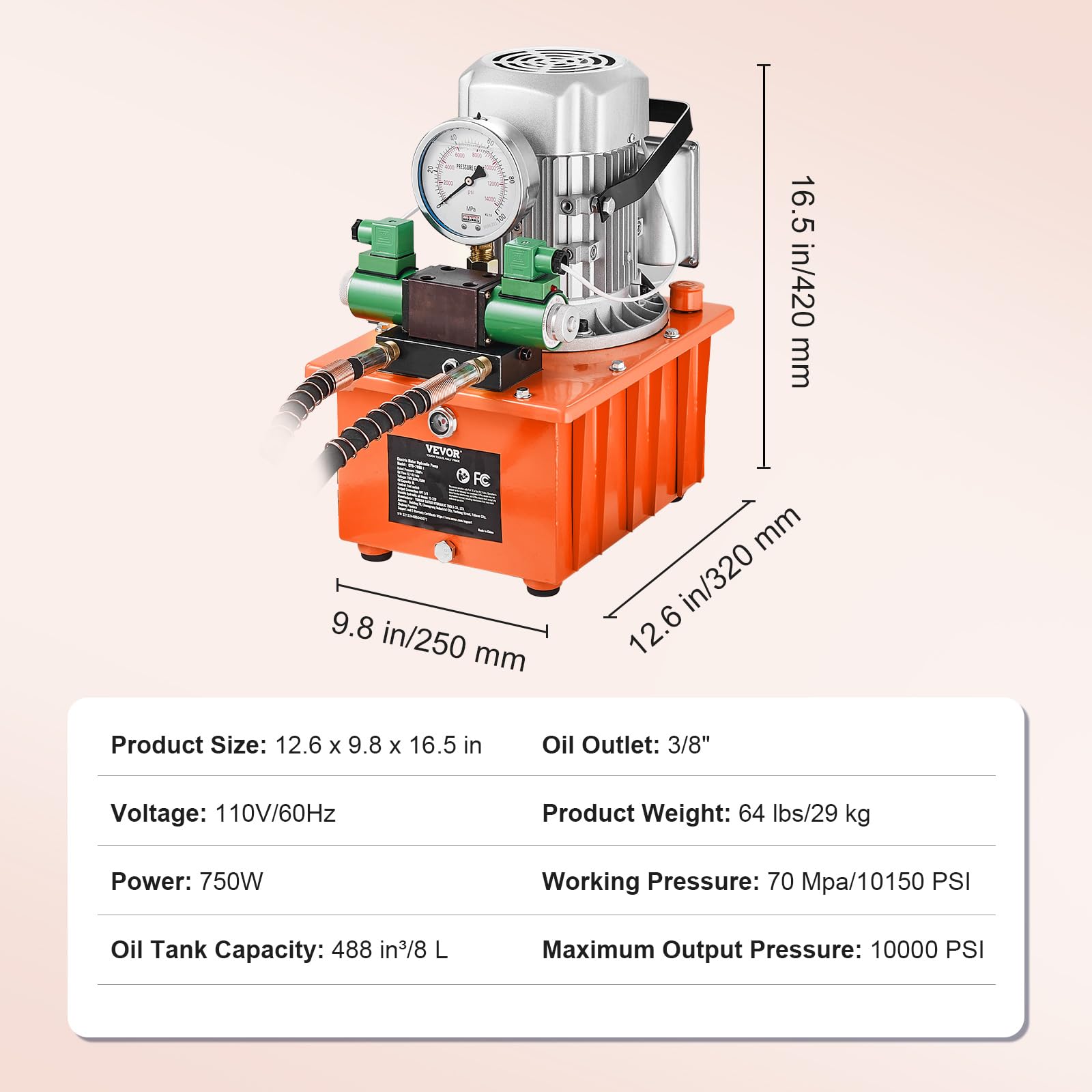 VEVOR 8L Hydraulic Power Pack Unit - Double Acting Solenoid Valve, 488 in³ Capacity, Electric Driven with Foot Pedal Switch for Punch Press, Metal Bending & Hydraulic Jack - Heavy Duty Industrial Use (Orange)