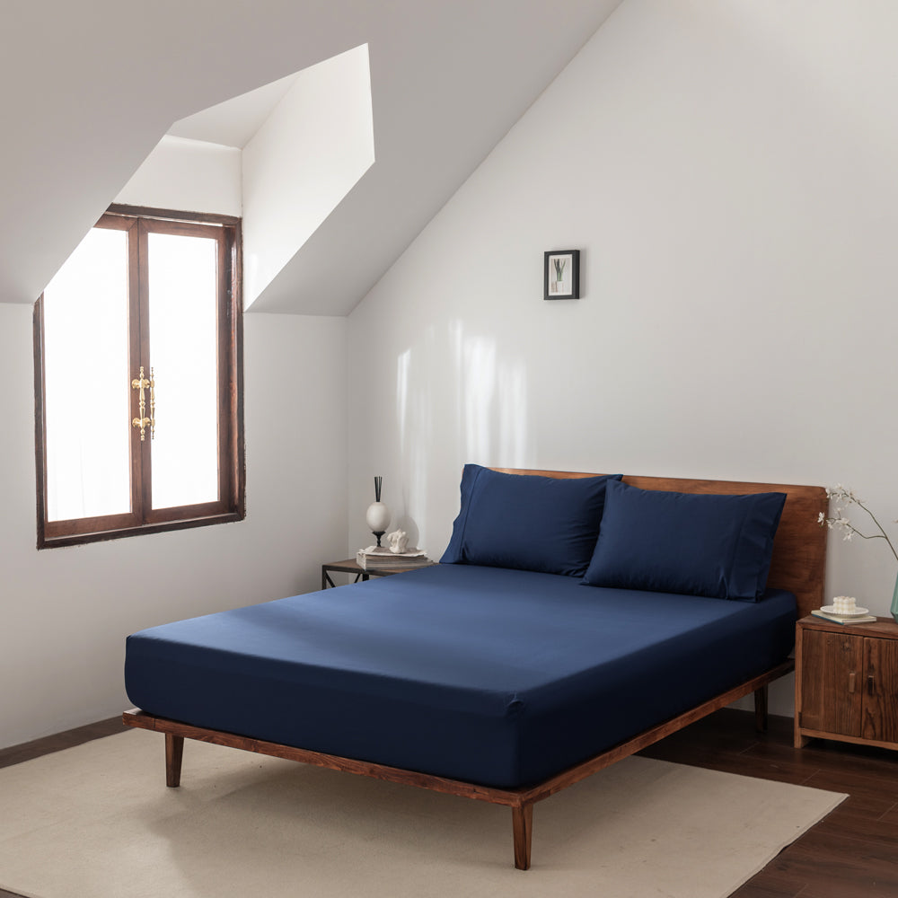 Premium 400 Thread Count Casey Cotton Fitted Sheet & Pillowcase Set - Navy Blue King Size (40cm Deep Pocket) for Luxurious Bedroom Comfort