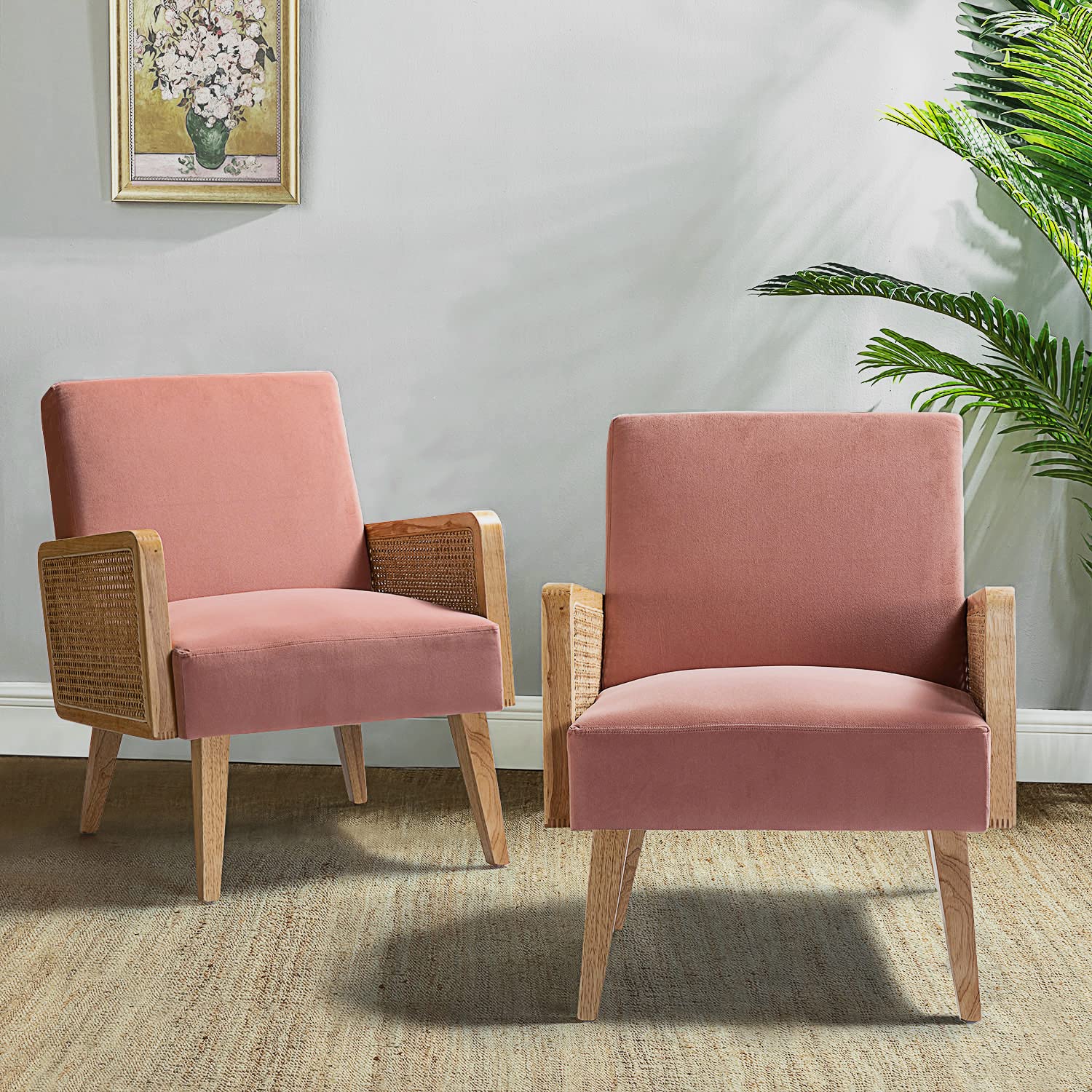 Mid Century Modern Accent Chair Set of 2 - Upholstered Living Room Armchairs with Rattan Armrest & Wood Legs - Comfy Lounge Chairs for Bedroom, Hosting Room & Reading Nook - Blush Pink Velvet Fabric (Perfect for Boho Decor, Coffee Corner & Small Space Living)