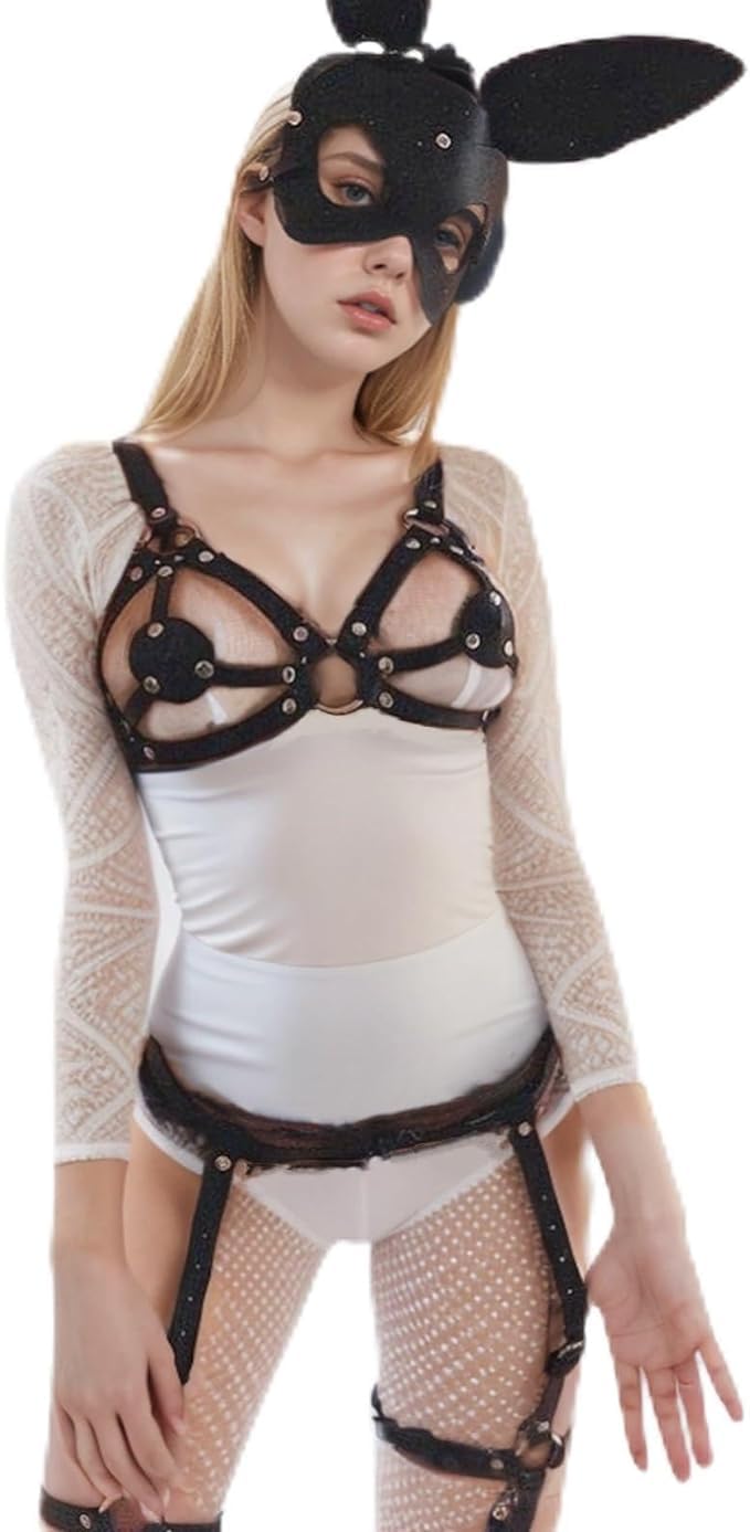 MEBCHAR Genuine Leather Gothic Body Harness & Garter Belt Set - Edgy Fashion Accessory for BDSM, Cosplay, and Alternative Style Outfits