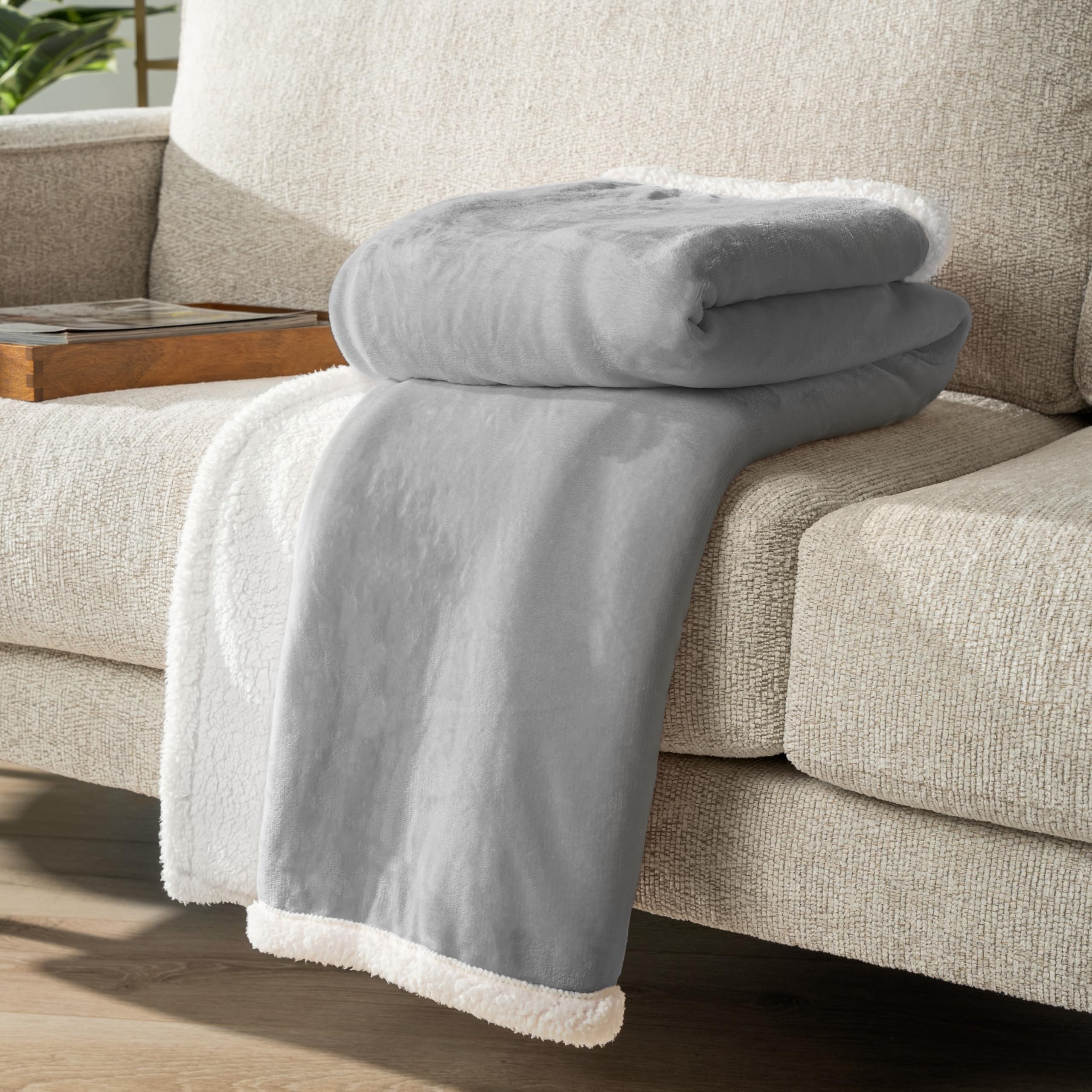 PAVILIA Queen Size Sherpa Fleece Blanket - Ultra Soft Plush Reversible Winter Blanket for Bed (90x90 Inches, Light Grey) - Cozy Warm Throw for Women & Men - Perfect for Couch, Sofa, Bedroom & Gift Giving