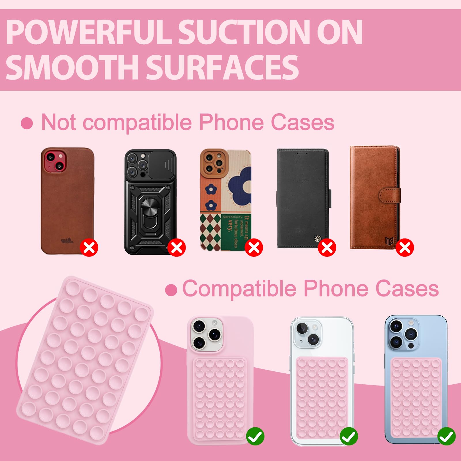 2 Pack Light Pink Silicone Octo Cup Buddy Sticky Grip Holder - Double Sided Suction Cup Phone Case Mount for Hands-Free Selfies, Videos, and Car Dashboard Use
