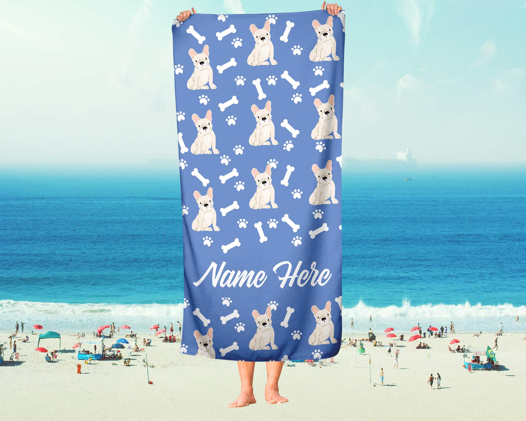 Personalized Fawn French Bulldog Pattern Beach & Bath Towels - Large & Medium Sizes - Custom Towels for Travel, Pool & Indoor Use - Soft Absorbent Towels for Adults & Kids - Perfect for Beach Days, Spa & Frenchie Lovers