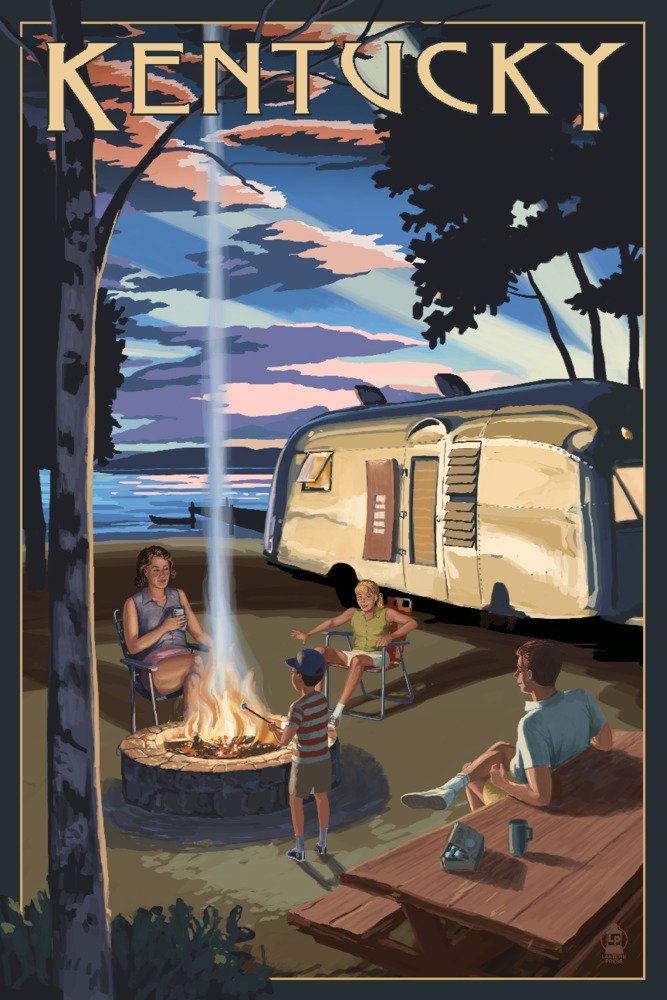 Kentucky Retro Camper and Lake Wall Art - 16x24 Gallery Quality Metal Print, Rustic Aluminum Decor for Home, Office, Cabin, or RV Interior Design