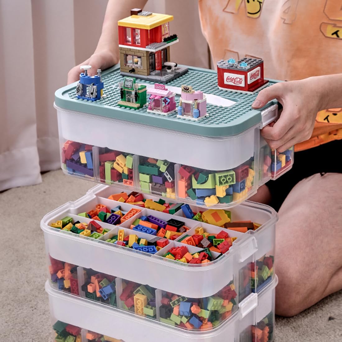 **Stackable Plastic Toy Organizer Bins with Compartments - Green Building Blocks Storage Containers for Lego & Bricks - Perfect for Kids' Playroom, Classroom & Home Organization**