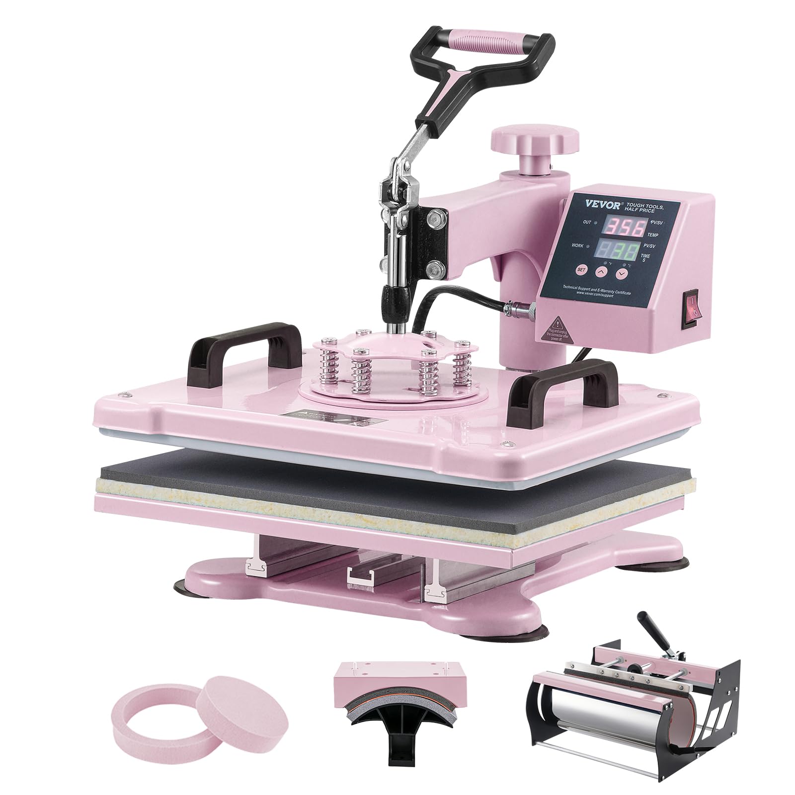 VEVOR 5 in 1 Heat Press Machine Combo with 30oz Tumbler Press & Hat Press, 12x15 Inch Sublimation Heat Press for T-Shirts, Hats, Caps, Tumblers, Mugs, Plates - Perfect for DIY Crafts, Custom Apparel & Small Business (Pink)