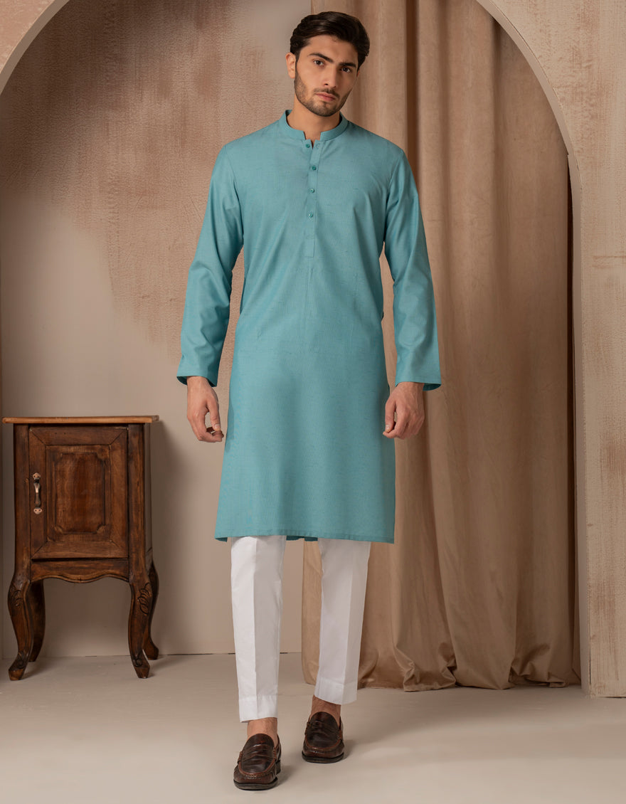 Stylish Blended Green Kurta by J. Junaid Jamshed - Comfortable Cotton Ethnic Wear for Men - Perfect for Festivals, Weddings & Casual Outings
