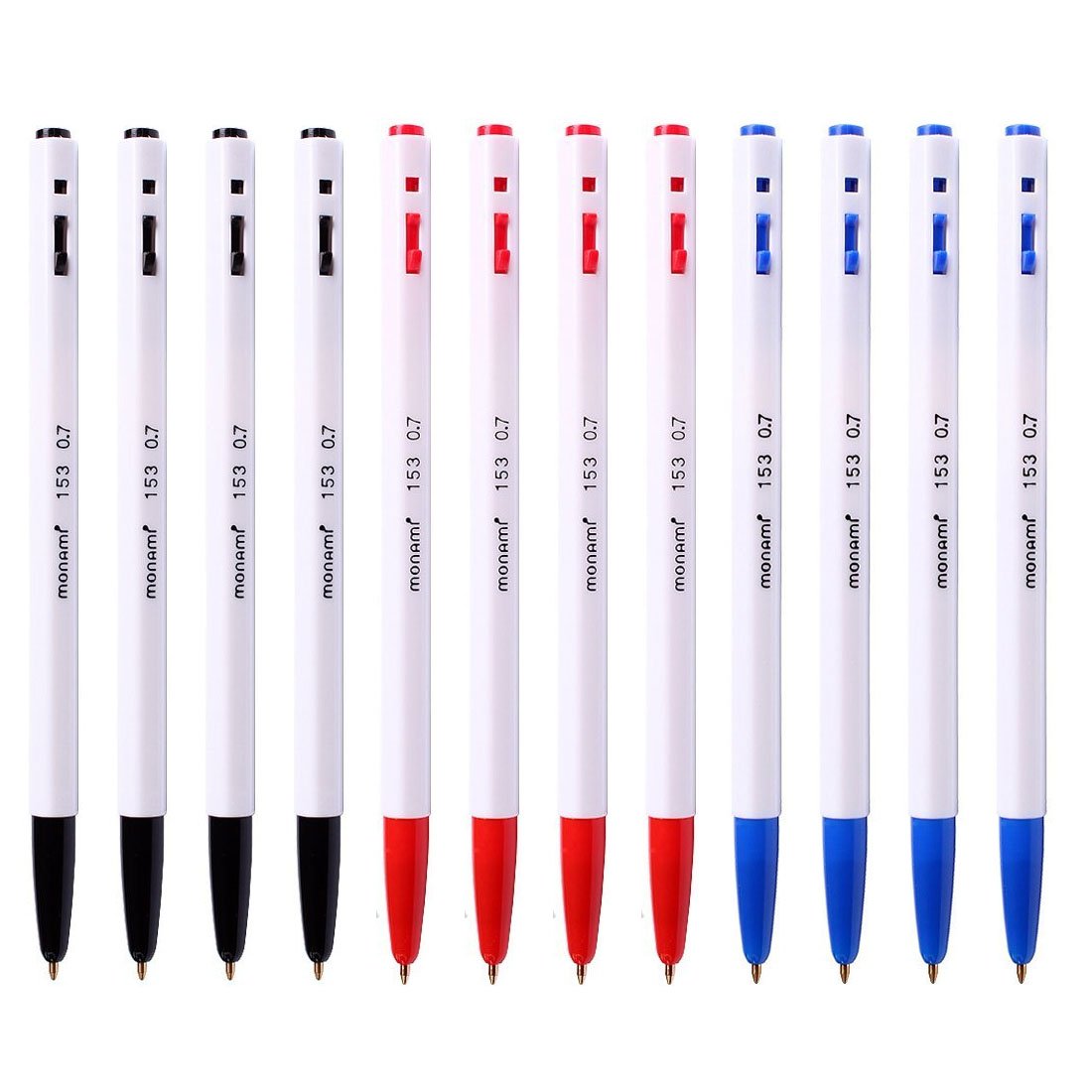 Monami 153 Ballpoint Pen 0.7mm - 12 Pack Assorted Colors (Black, Blue, Red) - Smooth Writing Pens for Office, School & Note Taking