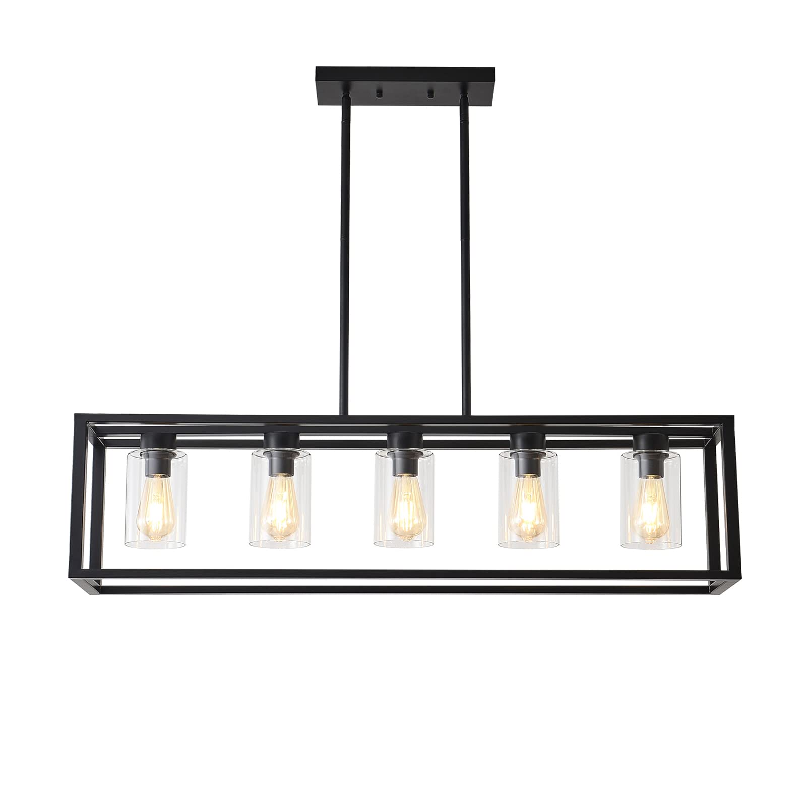 Modern Farmhouse Black Rectangle Pendant Light - Adjustable Kitchen Island Lighting with Glass Shade for Dining Room & Breakfast Nook | Contemporary Chandelier for Rustic & Industrial Decor