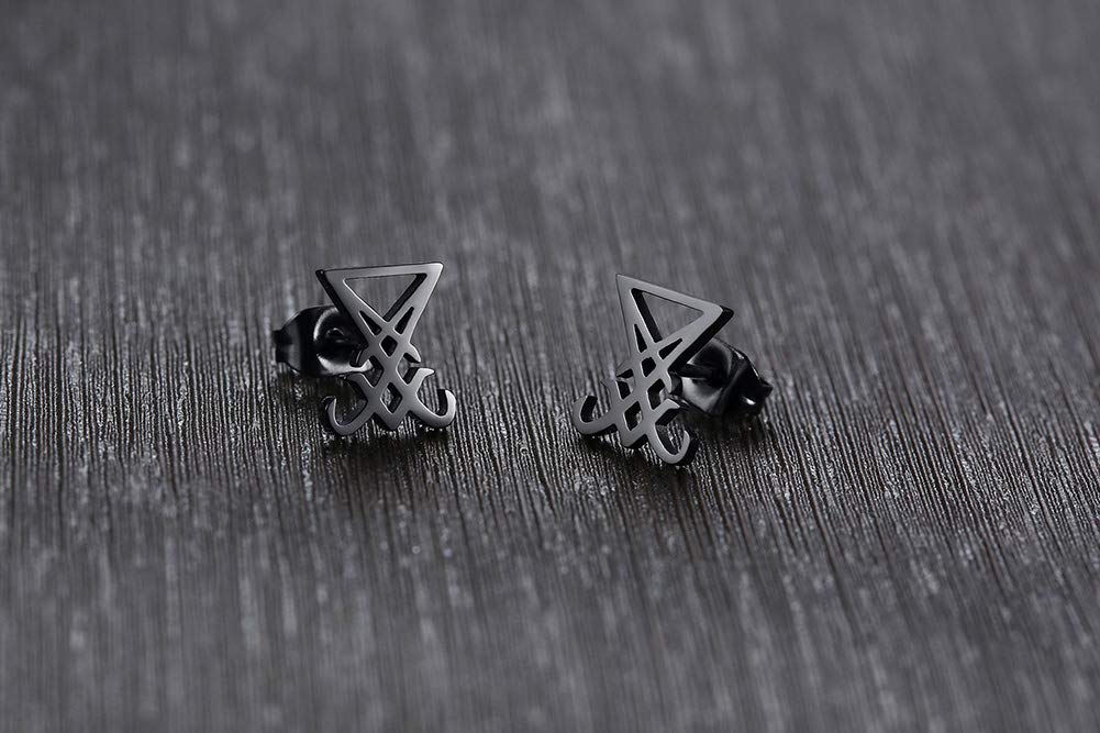 Lucifer Sigil Stud Earrings - Stainless Steel Satanic Symbol Ear Plugs for Men & Women (Black, 2-Piece) | Gothic Jewelry for Alternative Fashion & Occult Accessories