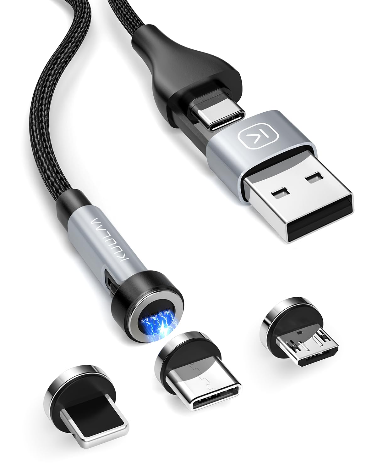 Kuulaa 6-in-1 Magnetic Charging Cable 1M - Fast Charging USB C/Micro USB/i-Product Compatible - 540° Rotating & Nylon Braided for Smartphones, Tablets, Laptops - Perfect for Home, Office & Travel Charging