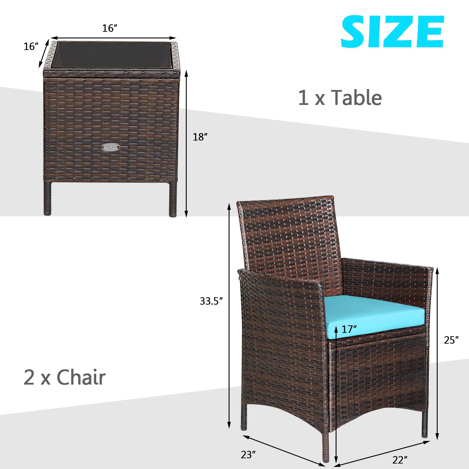 HappyGrill 3-Piece Patio Furniture Set - Rattan Wicker Bistro Set with Glass Coffee Table & Cushions, Outdoor Conversation Set for Garden, Lawn, Poolside, Backyard | Perfect for Relaxing, Entertaining & Outdoor Dining