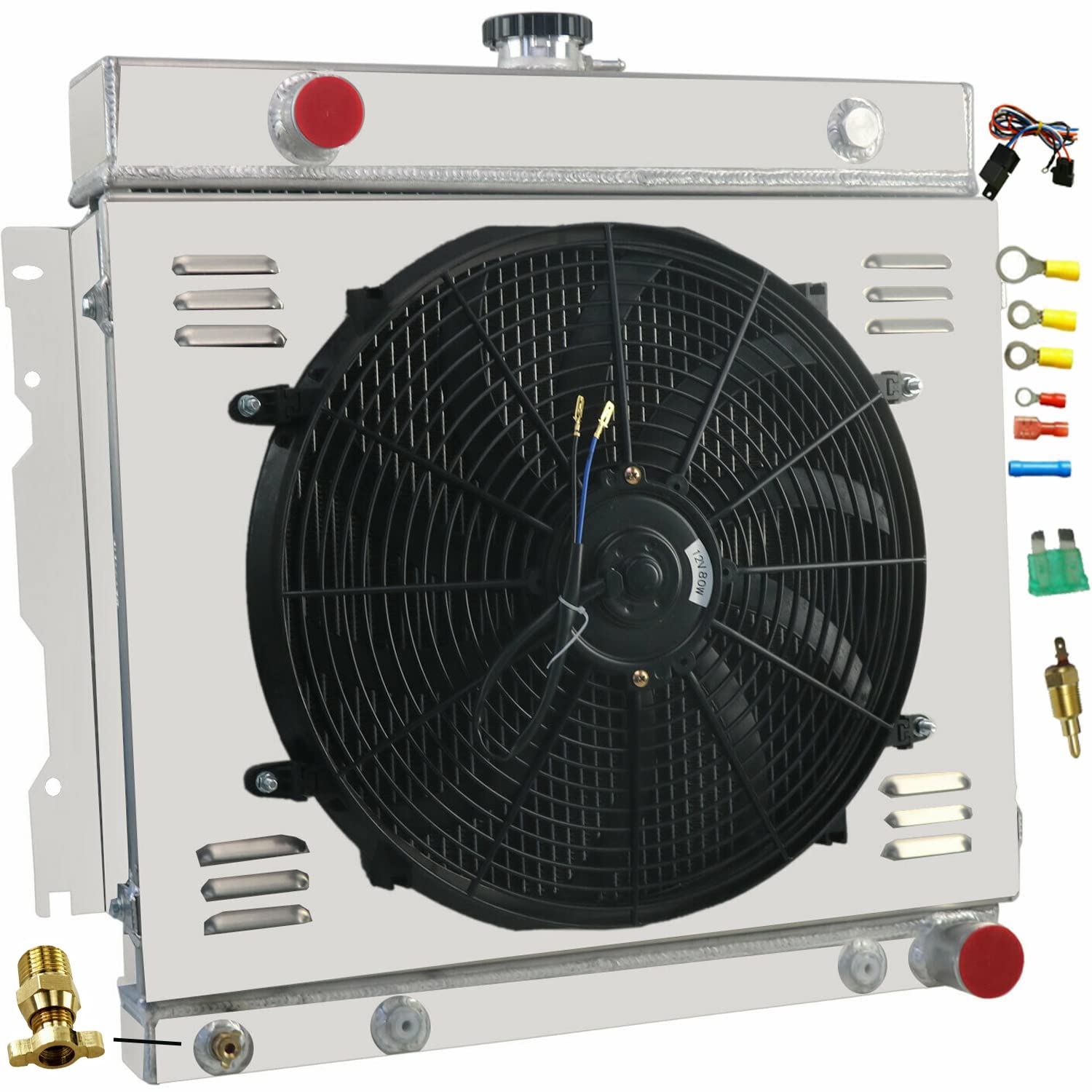 1970-1979 Dodge D100 D200 Ramcharger W200 W300 B200 B300 B100 Van Aluminum Radiator with Fan Shroud & Relay Kit - Heavy Duty Cooling Upgrade for Classic Trucks & Vans - Perfect for Restoration Projects, Off-Roading, and Hot Weather Driving