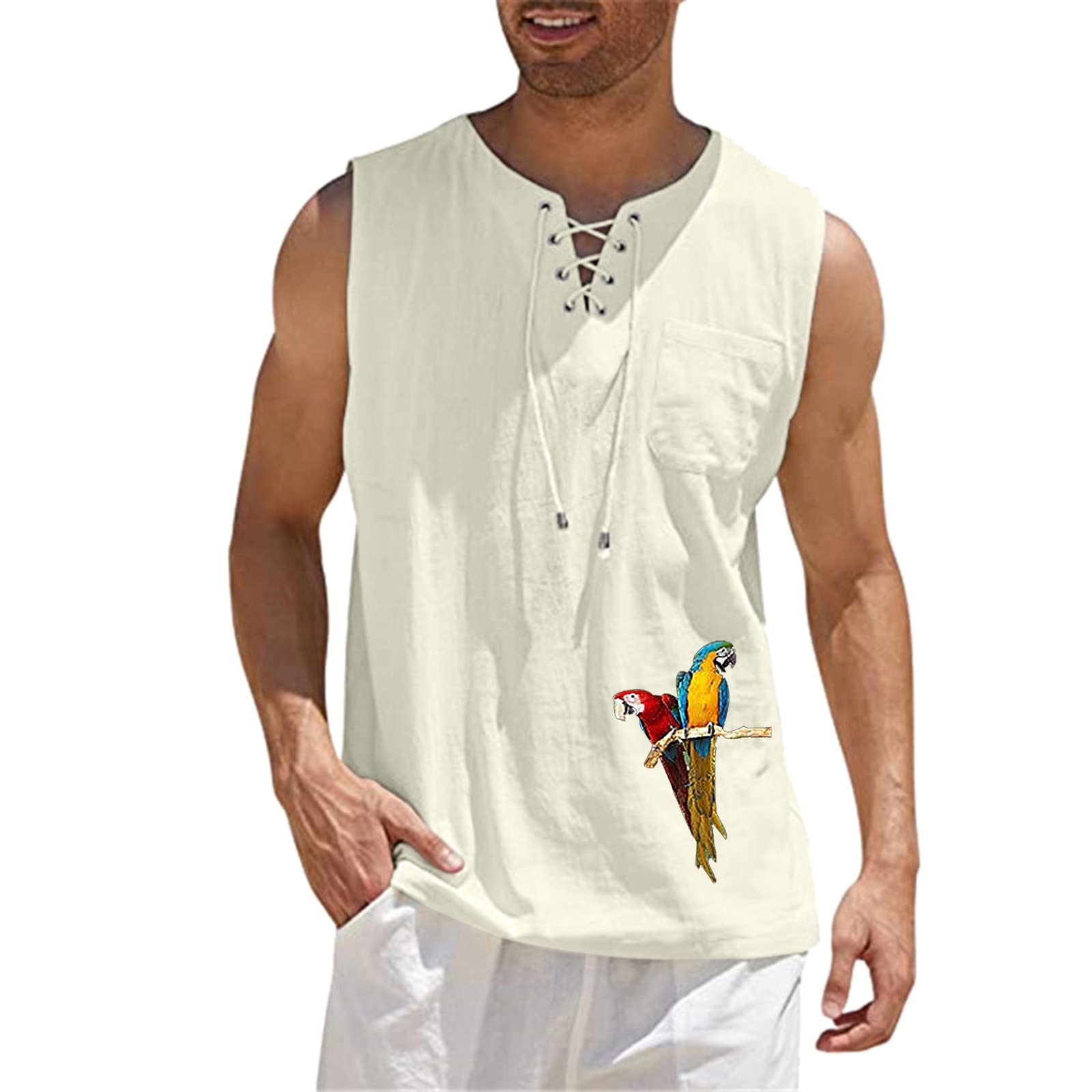 XXBR Men's Cotton Linen Sleeveless Shirt - Summer Drawstring V-Neck Hippie Shirt Vest with Parrot Print - Loose Fit Casual Tank Top for Beach, Music Festivals & Boho Style Outfits