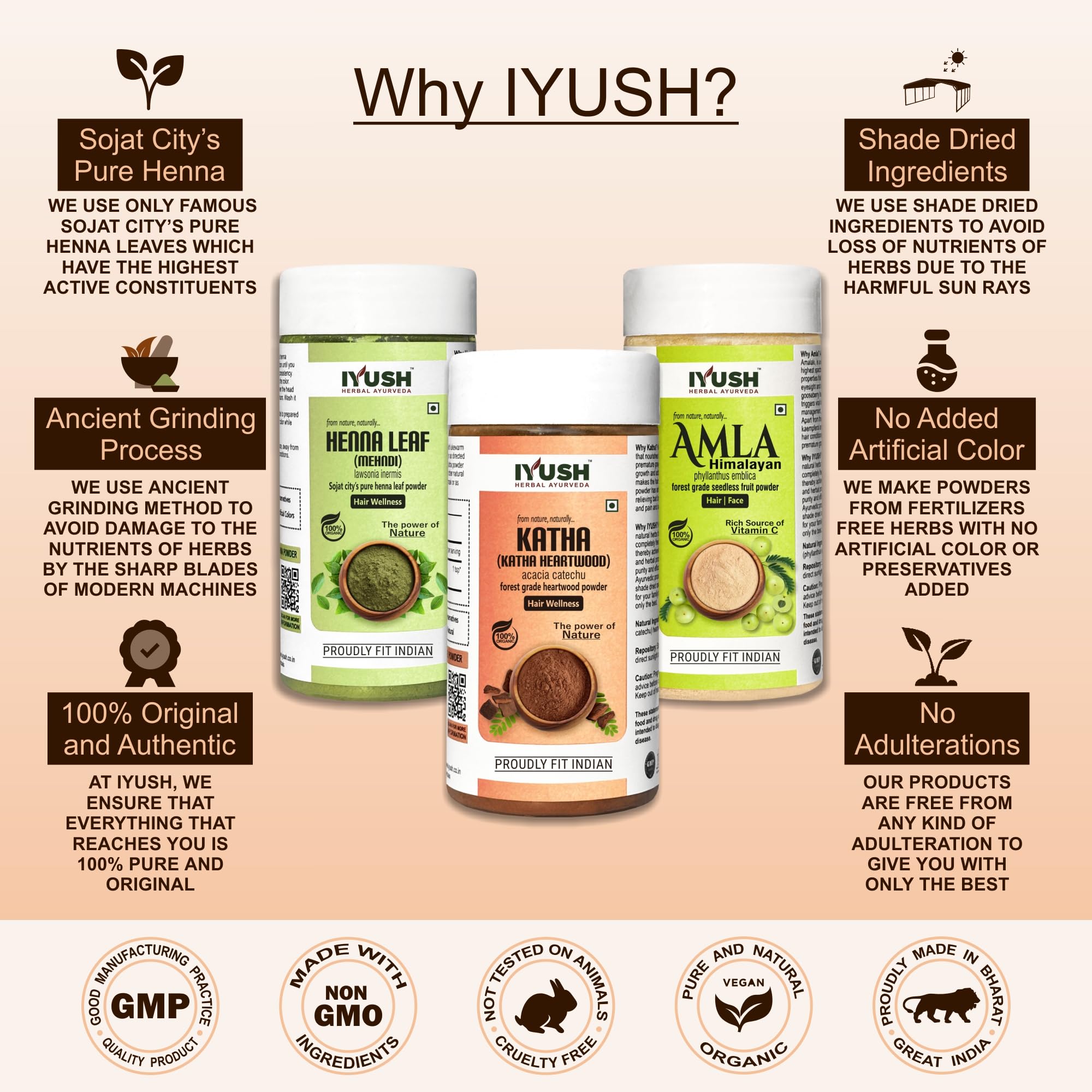 IYUSH Ayurvedic Amla Powder with Katha Powder & Henna Powder for Natural Hair Color & Volume – 300g | Herbal Hair Mask for Dry, Frizzy Hair | 100g Each | Perfect for DIY Hair Treatments & Natural Hair Care at Home