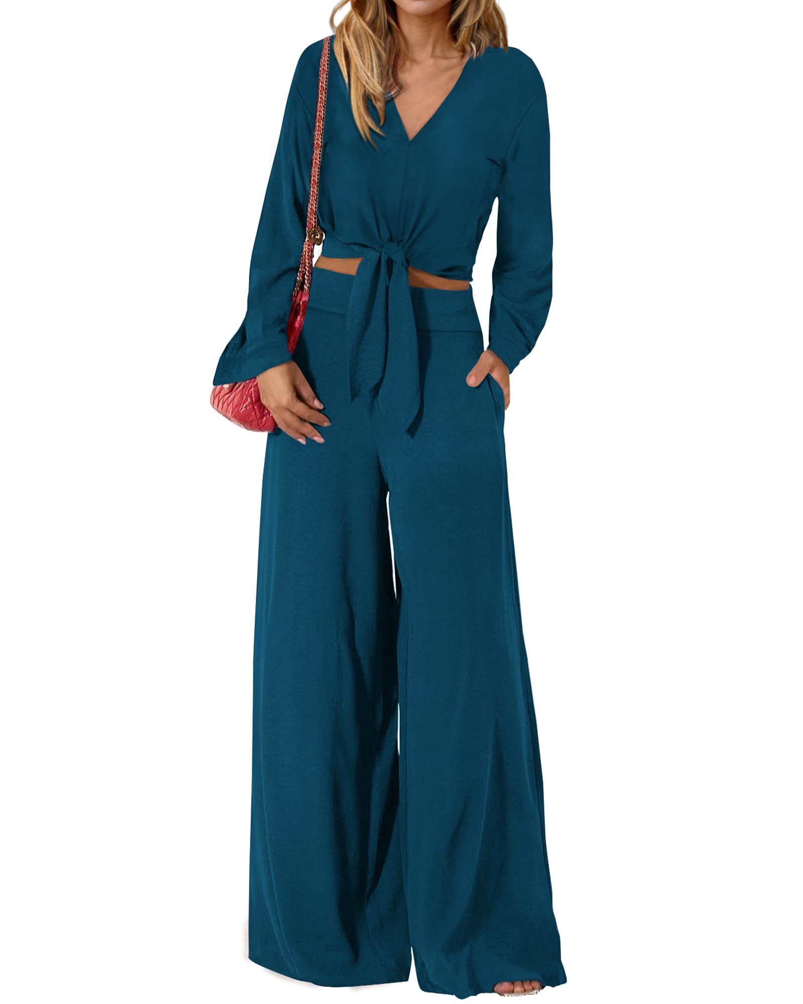 PRETTYGARDEN Women's 2 Piece Outfit Set - 2025 Spring Casual V Neck Long Sleeve Strappy Crop Top with Wide Leg Palazzo Pants | Lounge Wear, Street Fashion, Office Outfit