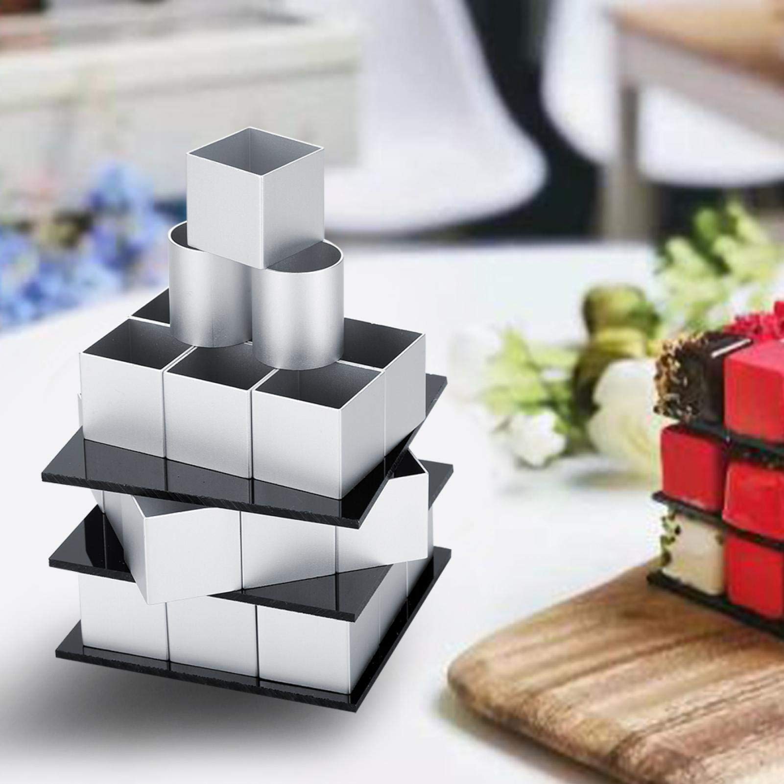 AUNMAS 3D Metal Cube Cake Mold - Aluminum Alloy Three-Layer Rotating Mousse Cake Pan for Baking, Dessert Making & Party Decorations | Perfect for Birthdays, Weddings & Special Occasions