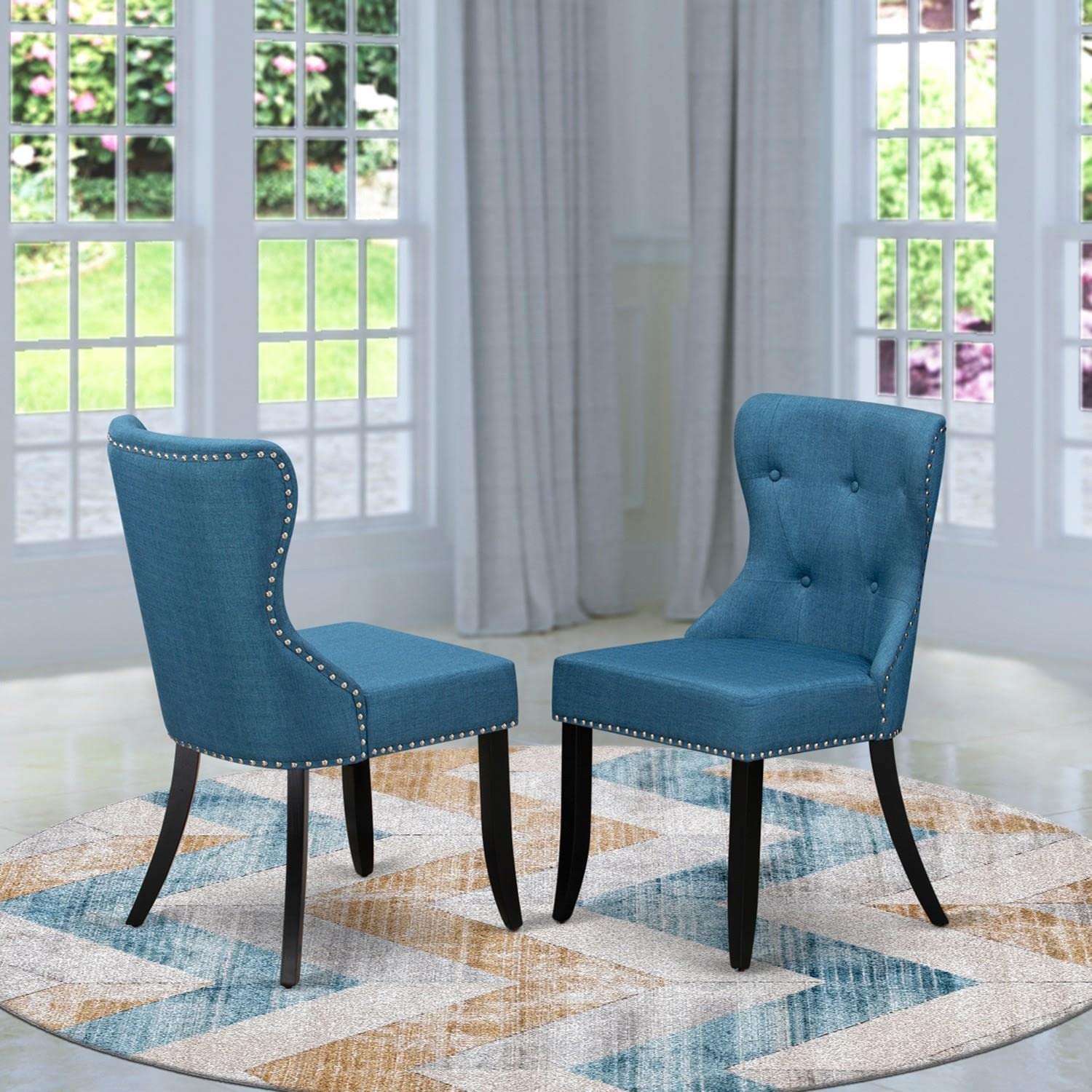 East West Furniture Sion Parson Dining Room Chairs - Set of 2 Blue Linen Upholstered Button Tufted Chairs with Nailhead Trim, Black | Elegant Dining Room Seating for Home & Restaurant Use