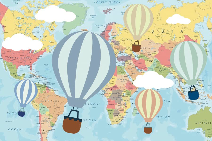 20x10ft Hot Air Balloon Birthday Backdrop - Oh The Places You'll Go Baby Adventure Theme with Cartoon World Map & White Clouds - Perfect for Kids Parties, Baby Showers, Cake Tables & Studio Photography Props