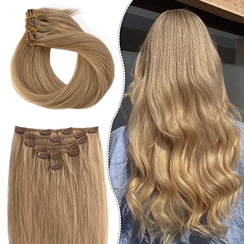 OiMiGO 18 Inch #16 Golden Blonde Clip-in Human Hair Extensions - 7 Piece Set with Invisible Clips (70g, 8A Grade Remy Hair) for Daily Styling, Parties & Special Occasions