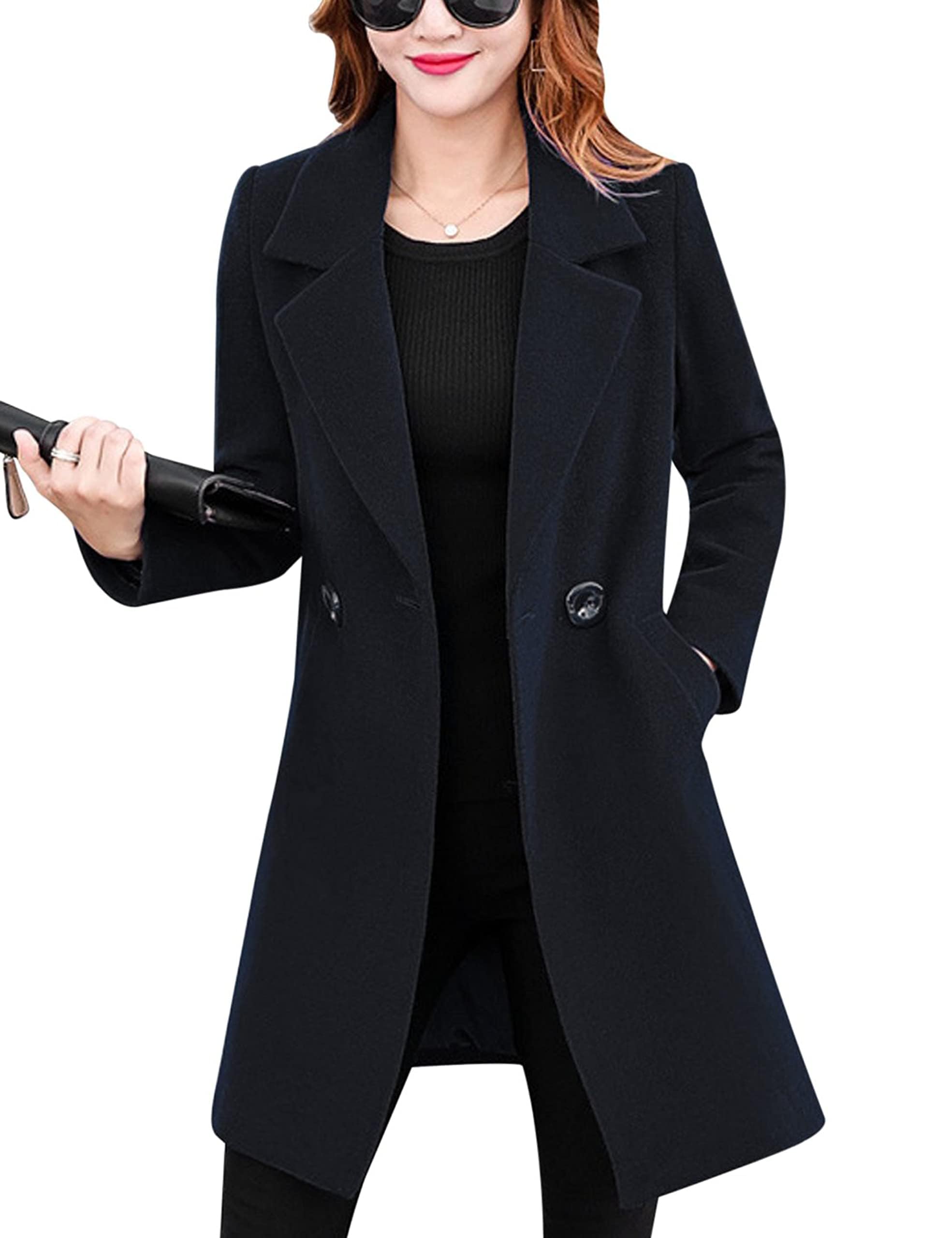 Tanming Women's Elegant Notched Collar Button Wool Blend Solid Long Pea Coat Overcoat | Winter Warm Wool Blend Jacket for Office, Dating & Formal Occasions