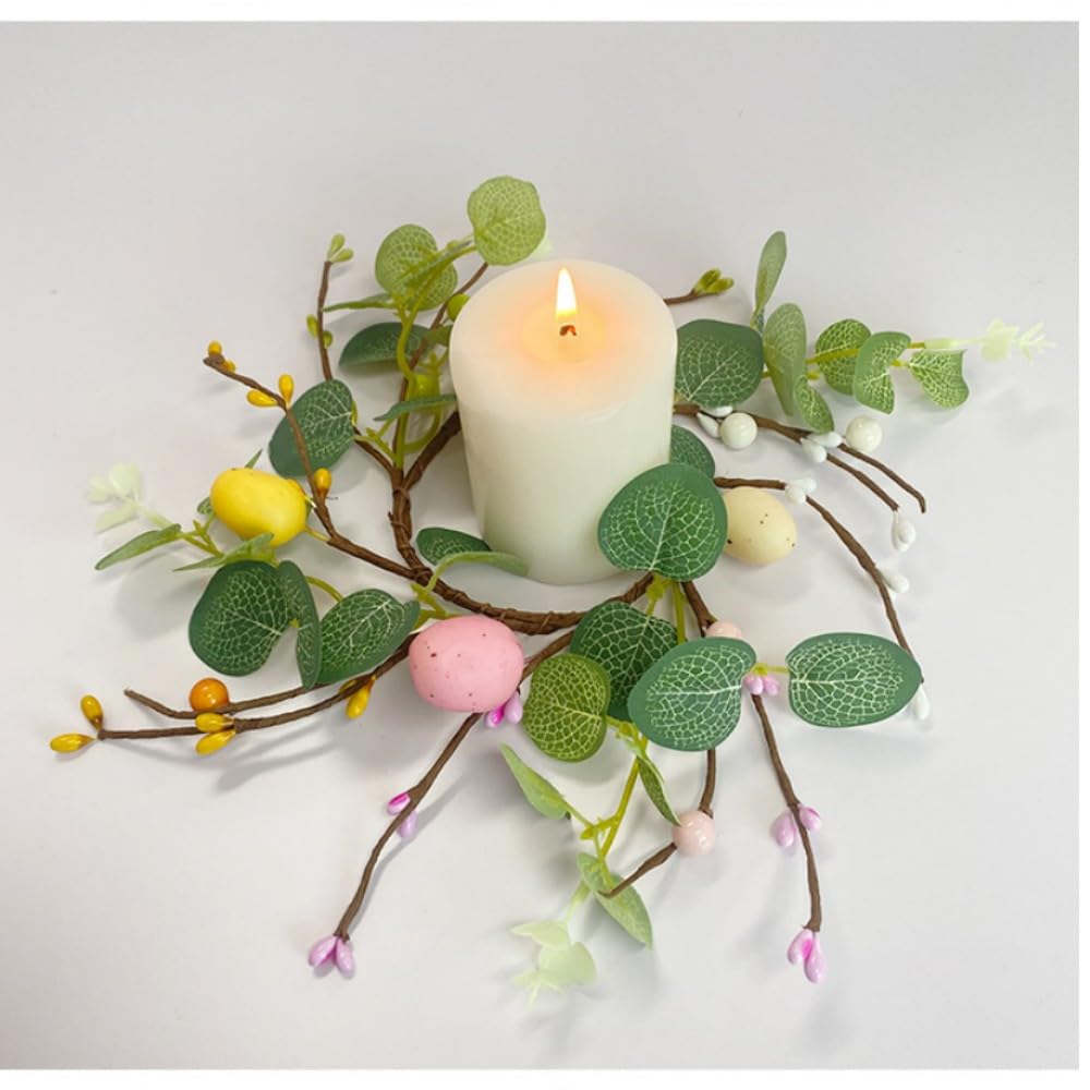 2 Pcs Easter Egg Candle Rings Wreaths - Spring Egg & Berry Decor, Artificial Eucalyptus Candle Holder, 7