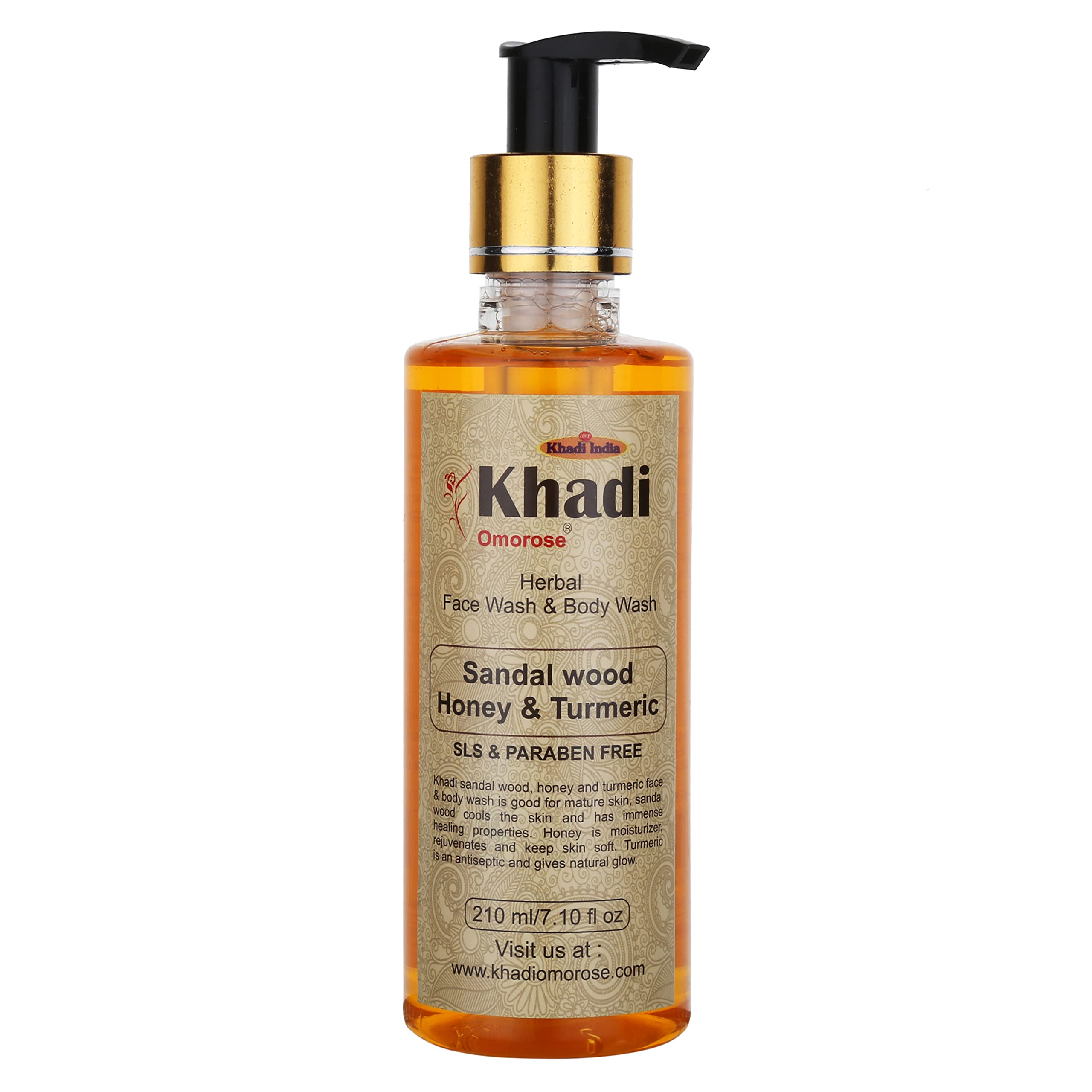 Khadi Omorose Sandalwood Honey Turmeric Face & Body Wash - 210ml | Natural Glowing Skin Cleanser for Women & Men | Daily Skincare Routine, Spa & Bath Essential