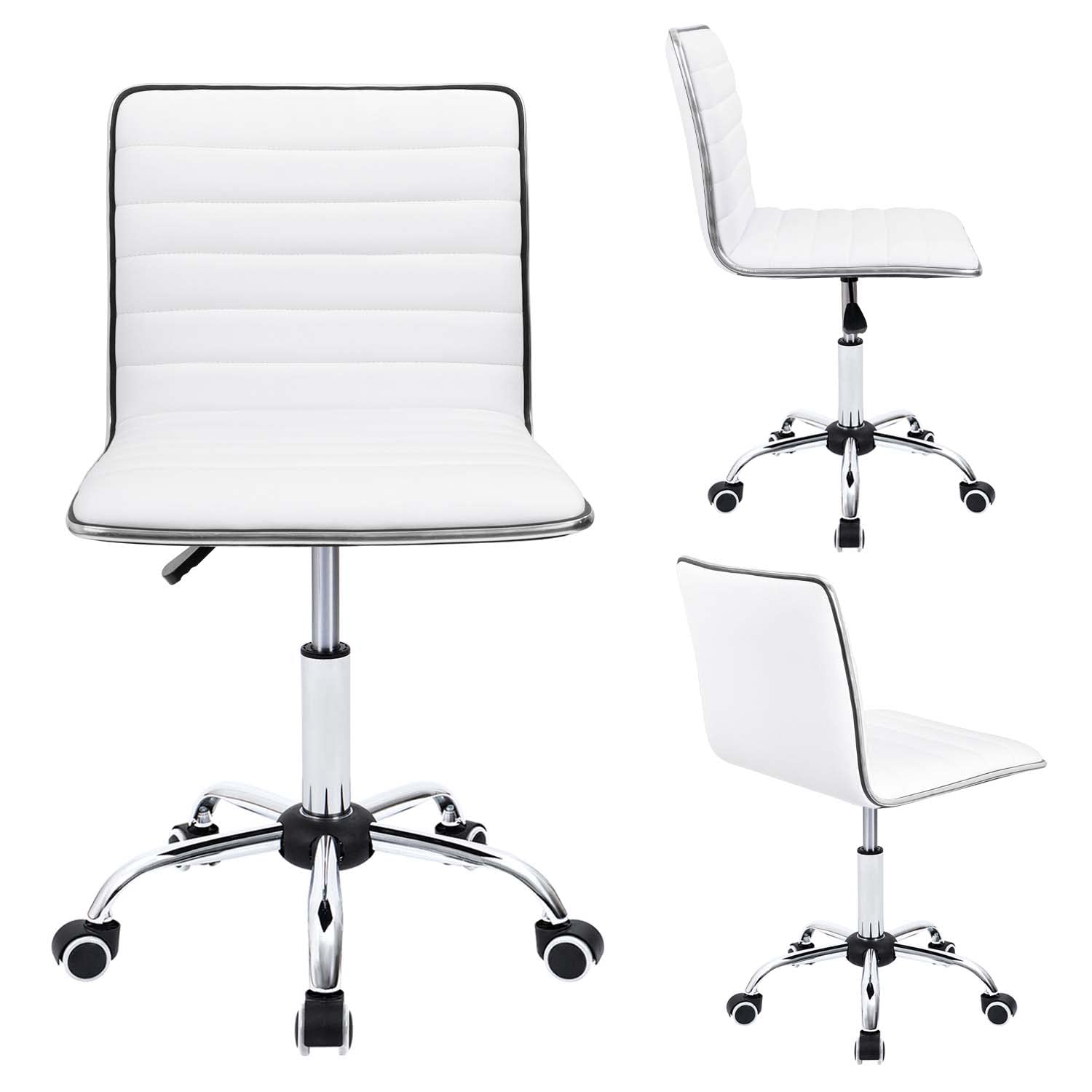 Furmax Mid Back Vanity Chair - White PU Leather Swivel Makeup Stool with Ribbed Design, Armless Retro Office & Computer Desk Chair for Home, Salon, Dressing Room & Workspace